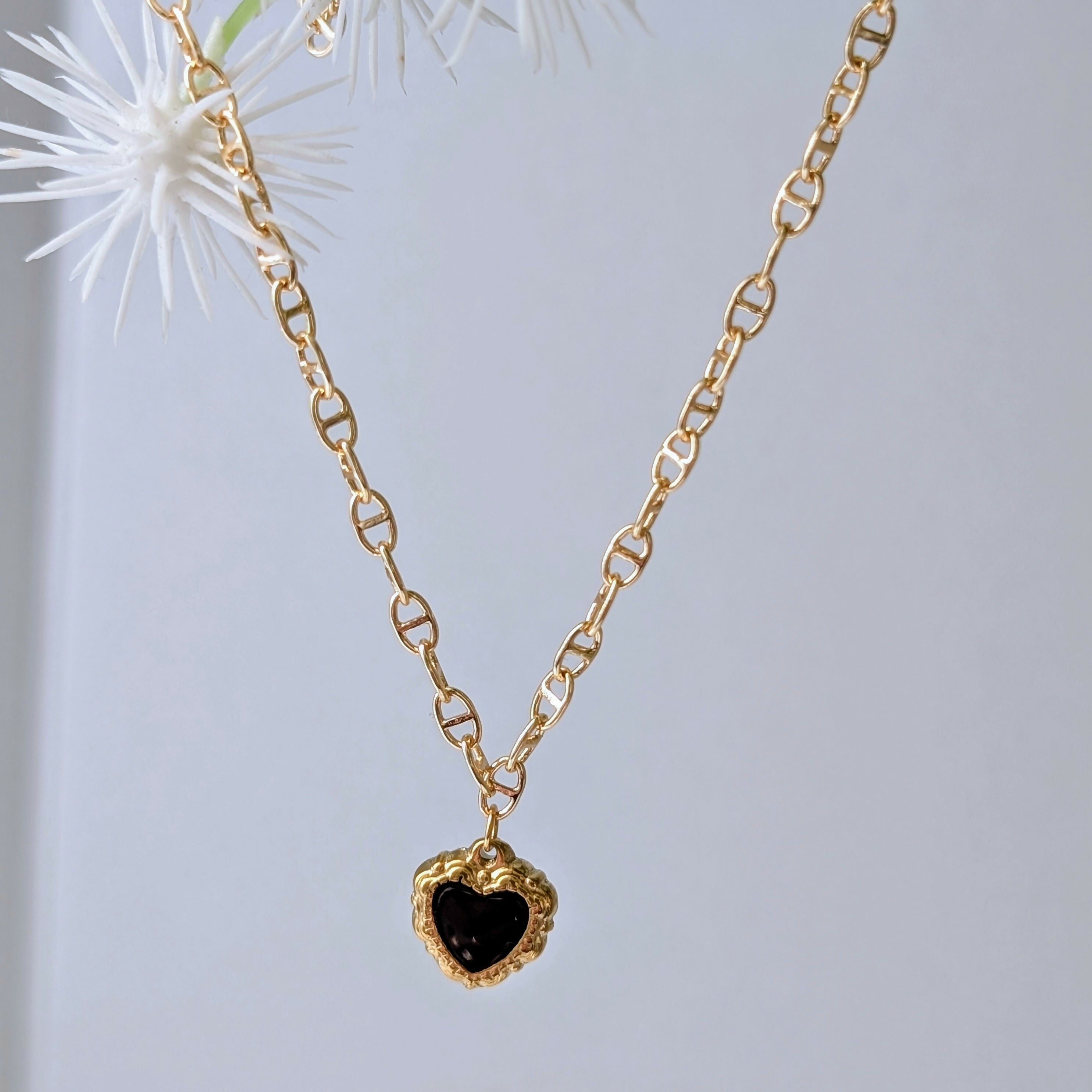 Black Enamel and Gold Ornate Heart Necklace on Gold Plated Deco Oval Chain