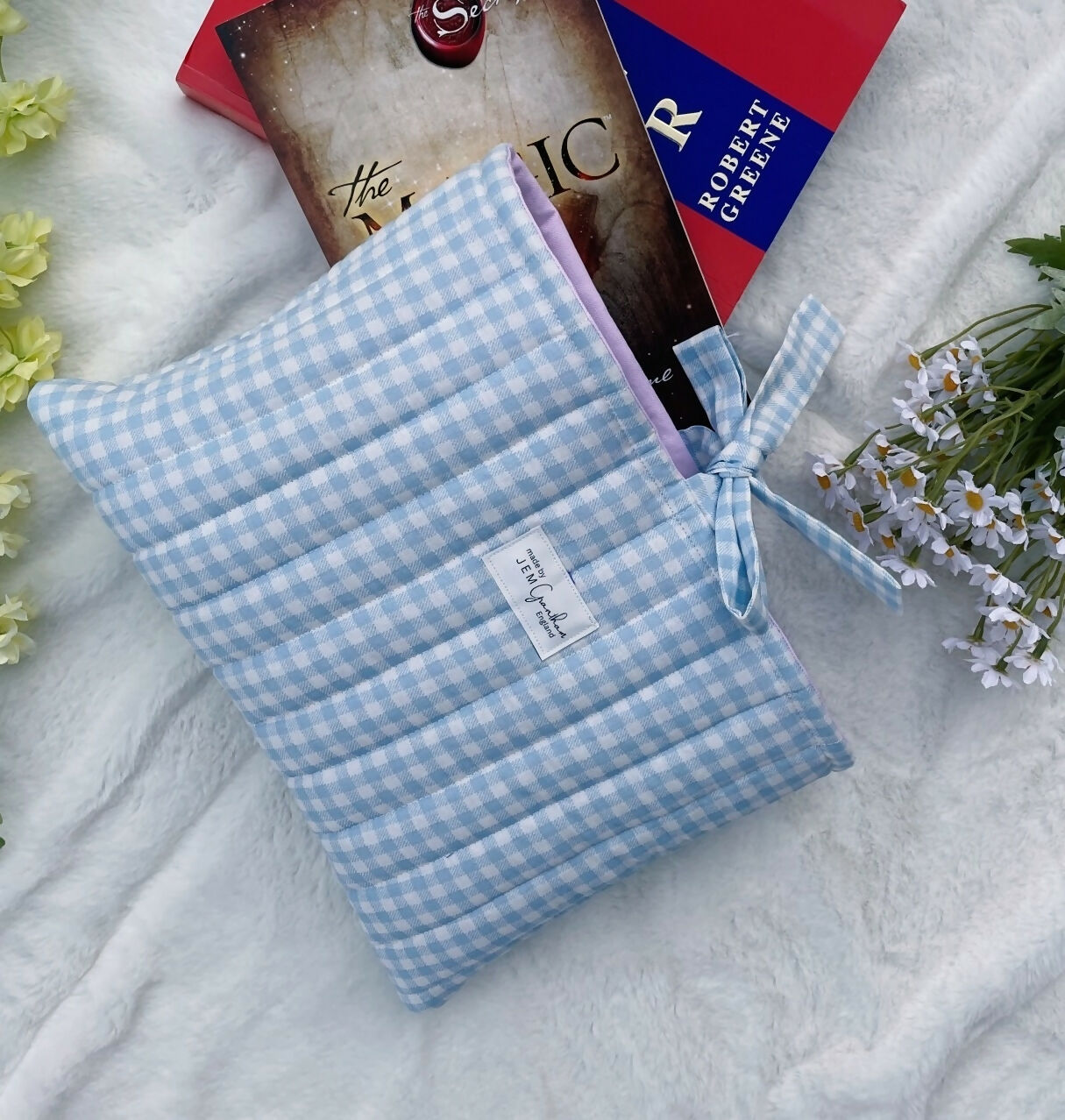 Handmade Quilted Book Sleeve Blue Gingham