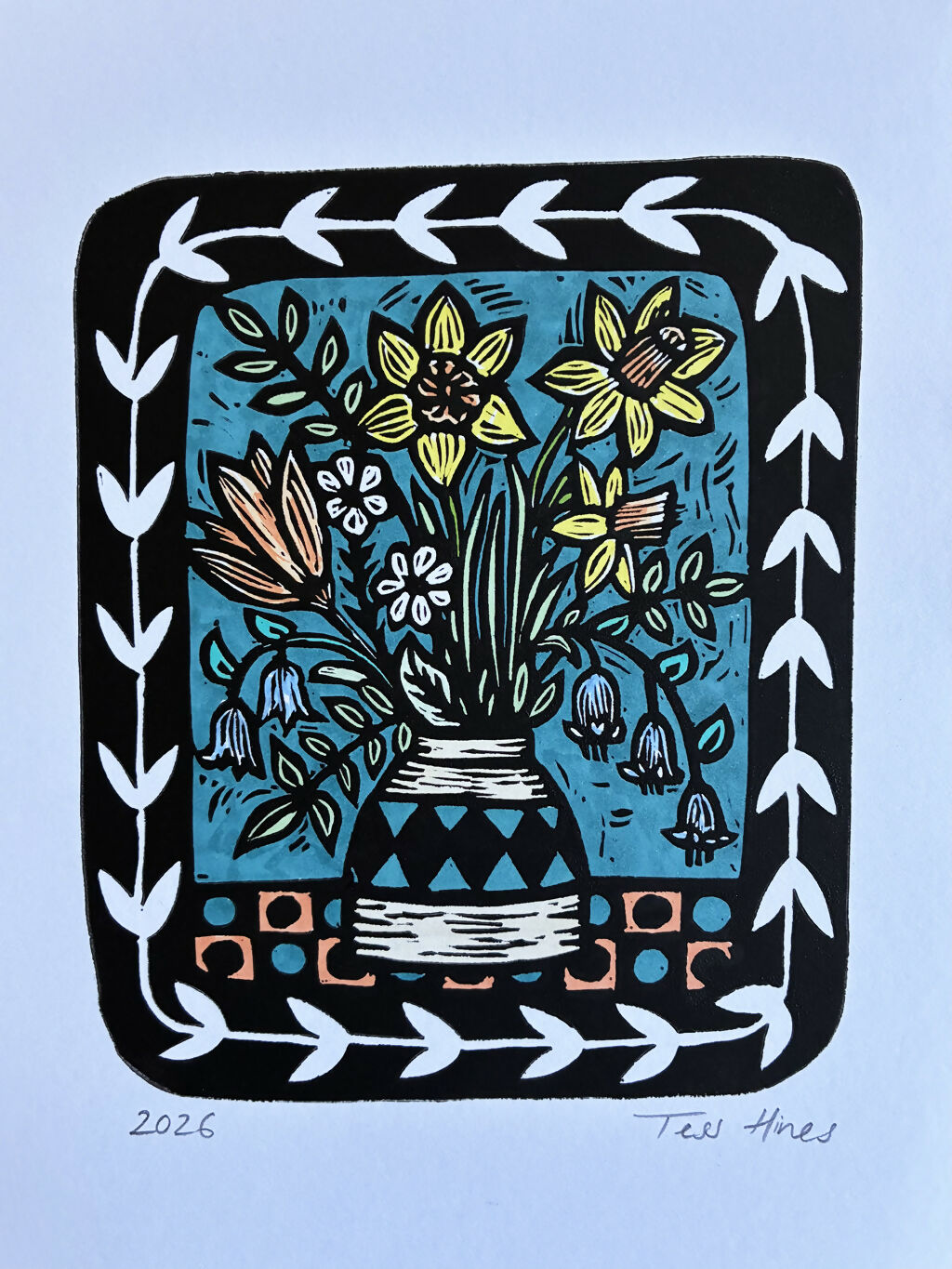 Original Linocut of Spring Flowers in a Vase.