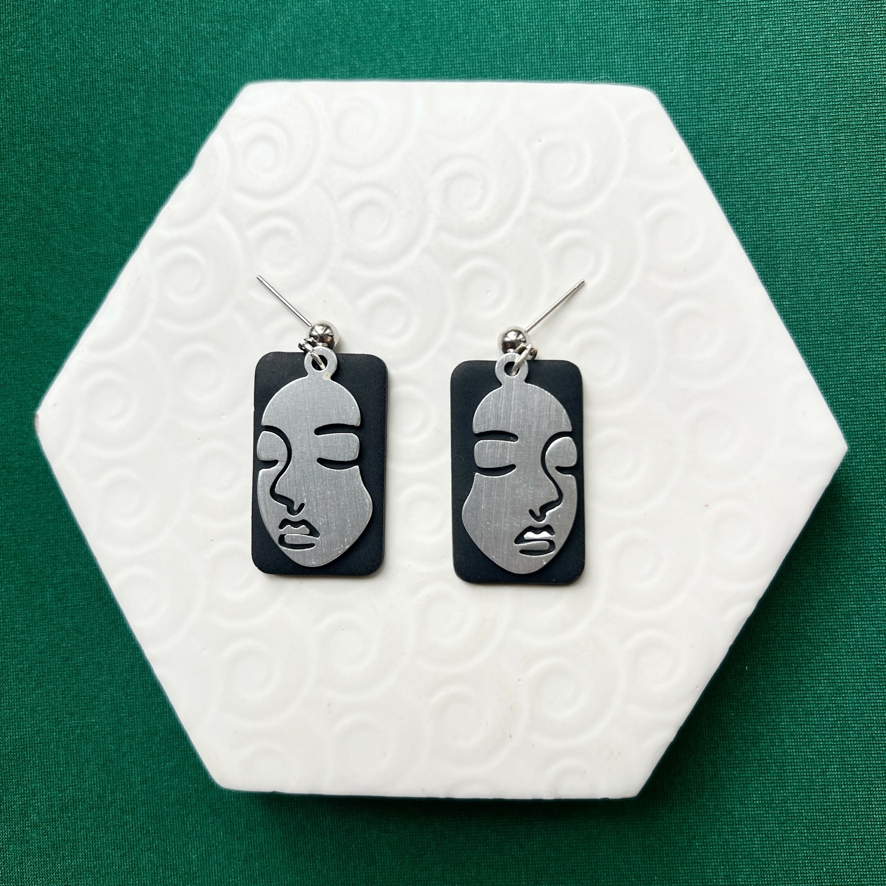 Janine Black Polymer Clay & Silver Face Drop Earrings