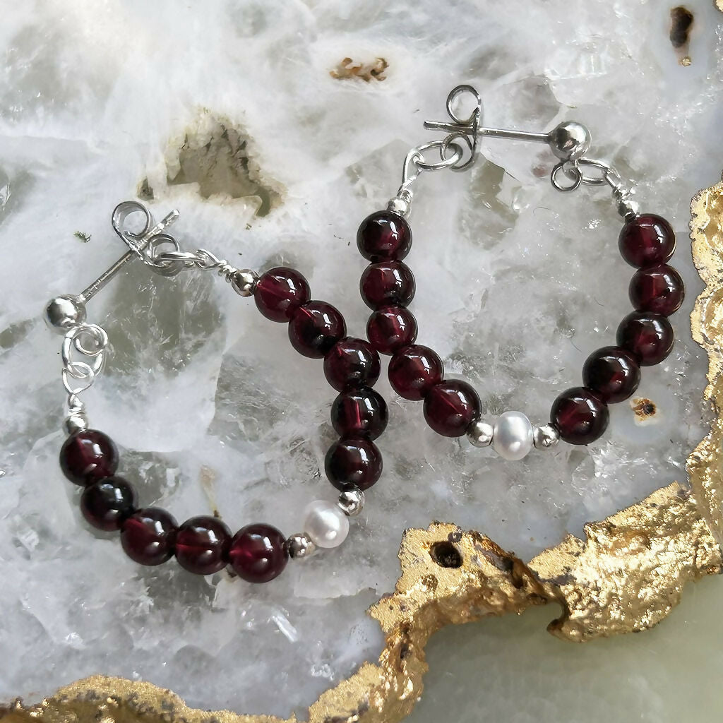 Handmade Sterling Silver Garnet And Fresh Water Pearl Loop Stud Earrings