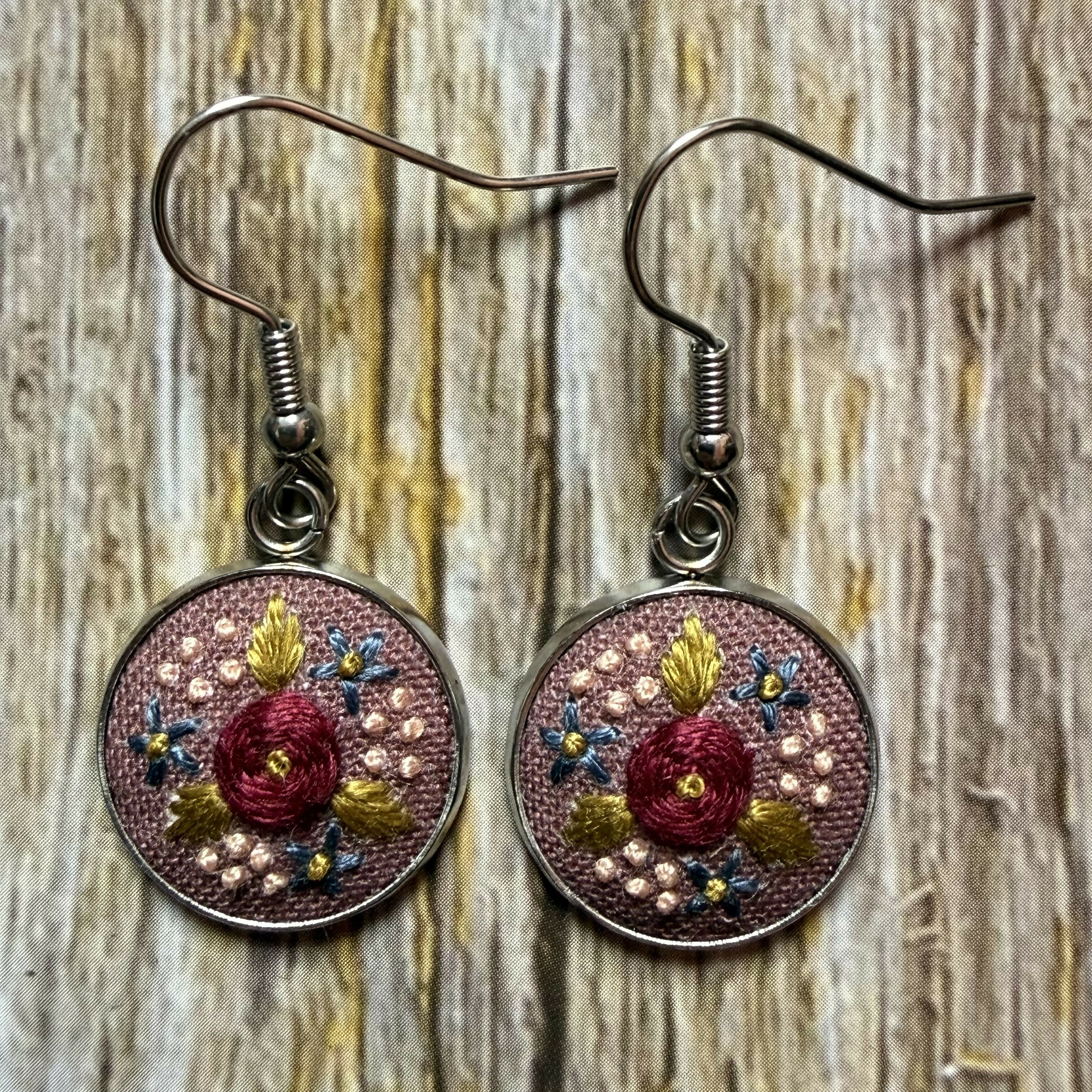 Hand Embroidered Vintage Style Pink Earrings