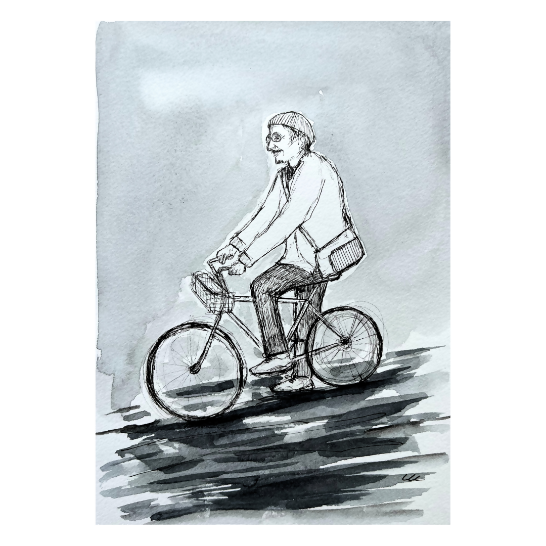 Cyclist Art Print | Monochrome Watercolour Portrait Print