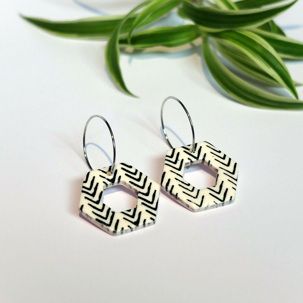 Geometric Black and White Hoop Earrings - Handmade Polymer Clay - Polly Plant