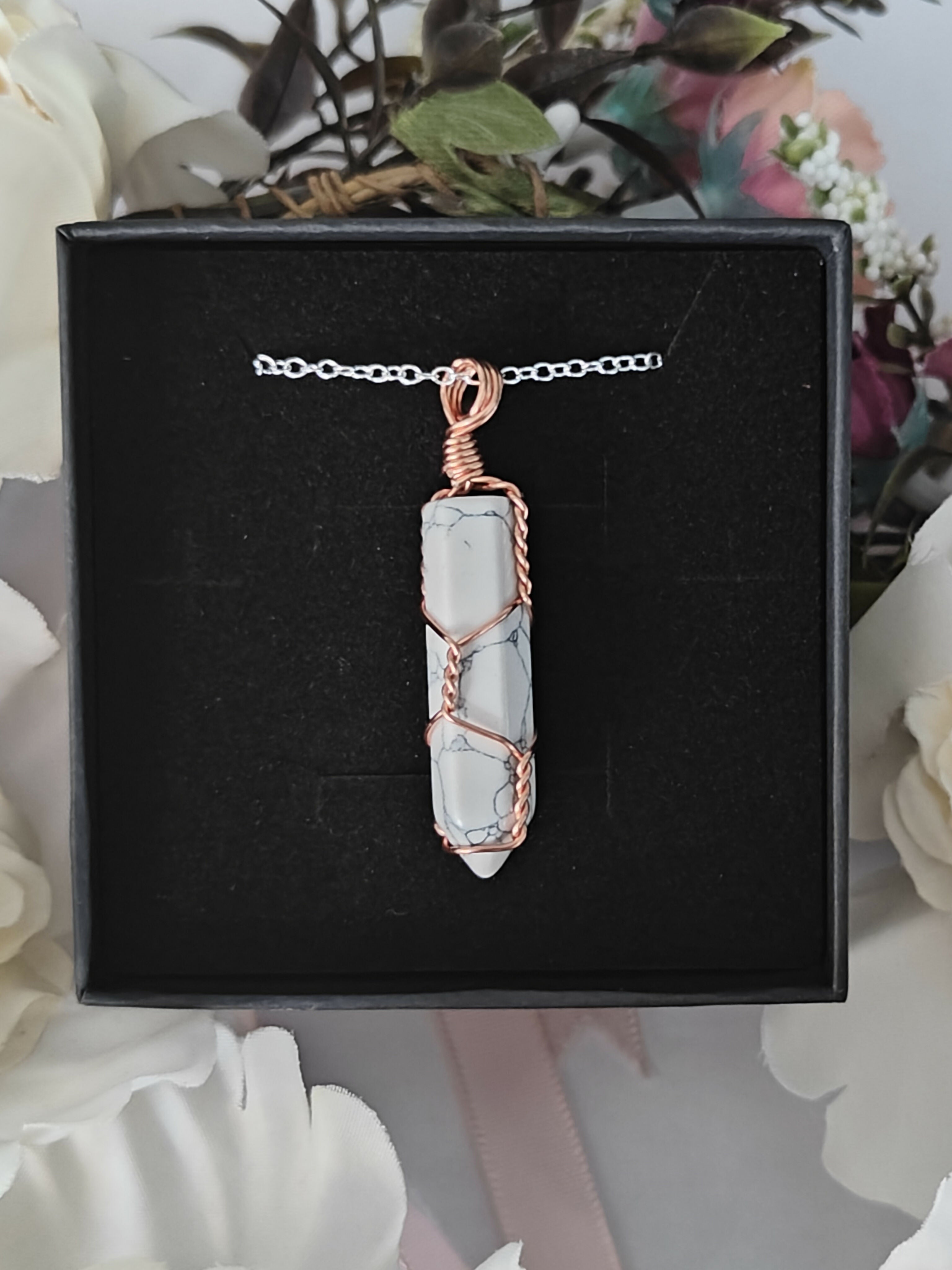 Howlite Wire Wrapped Crystal Point Necklace on Sterling Silver Chain