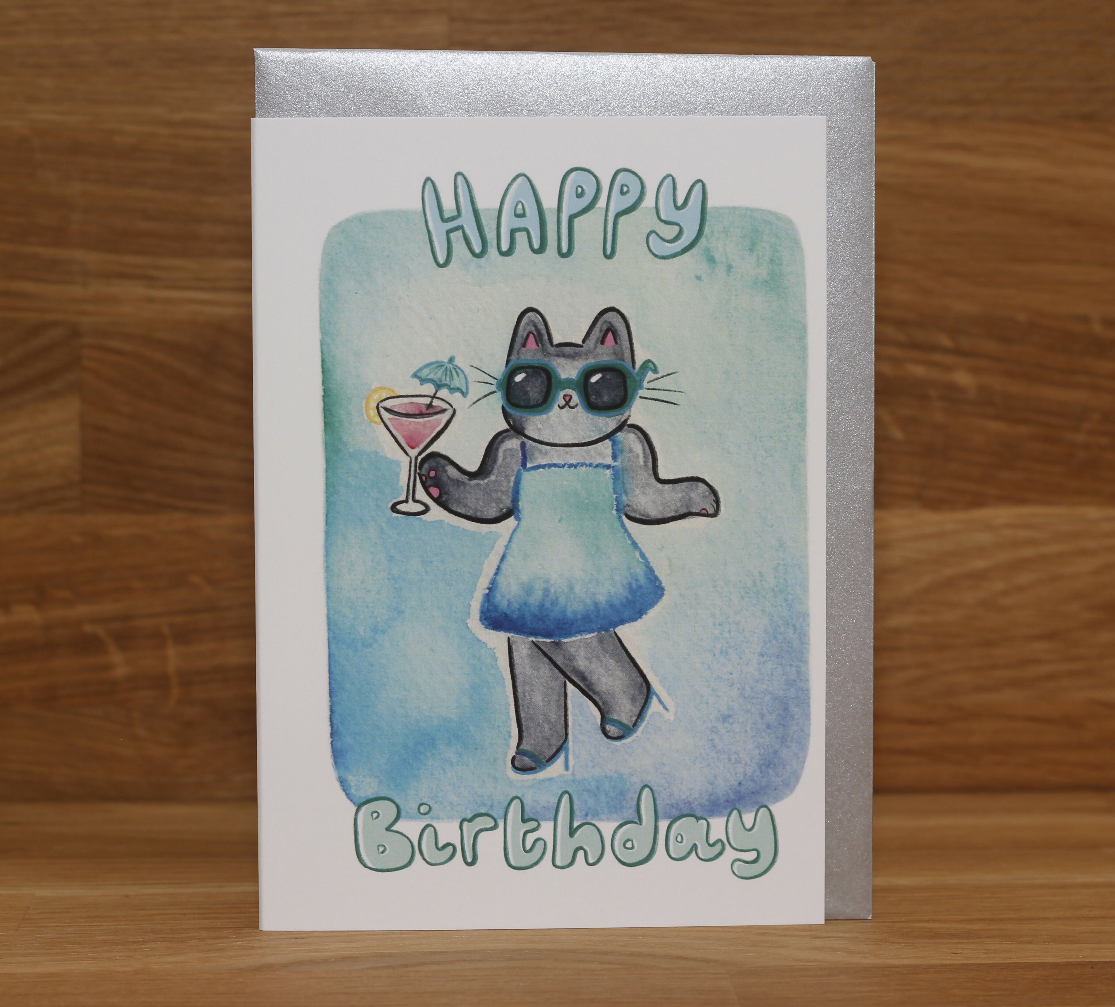 Happy Birthday Cocktail Party Cat Greeting Card