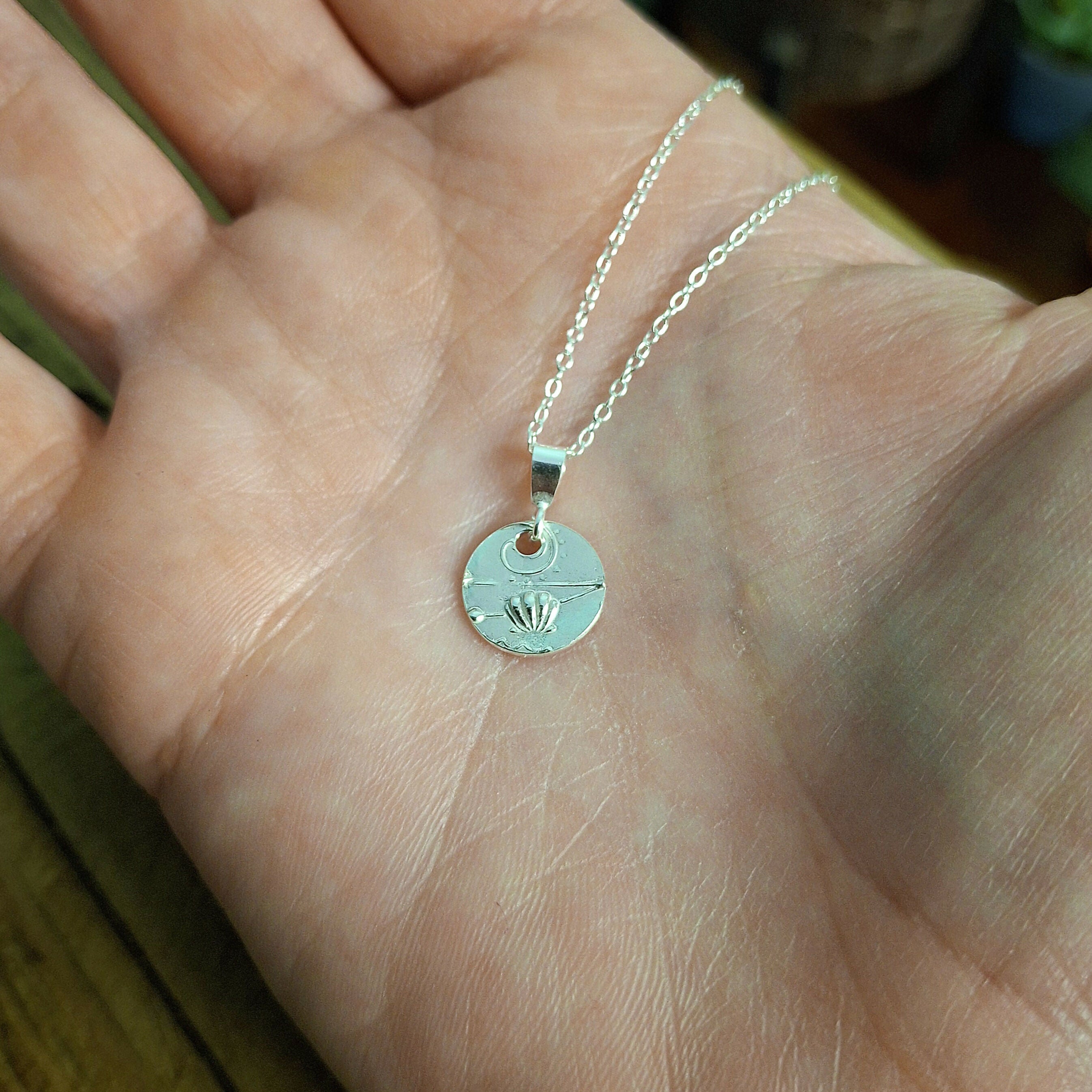 Handmade Round Silver Charm Necklace Seaside Texture