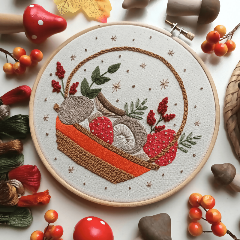 Preprinted embroidery pattern for beginners - Mushroom basket