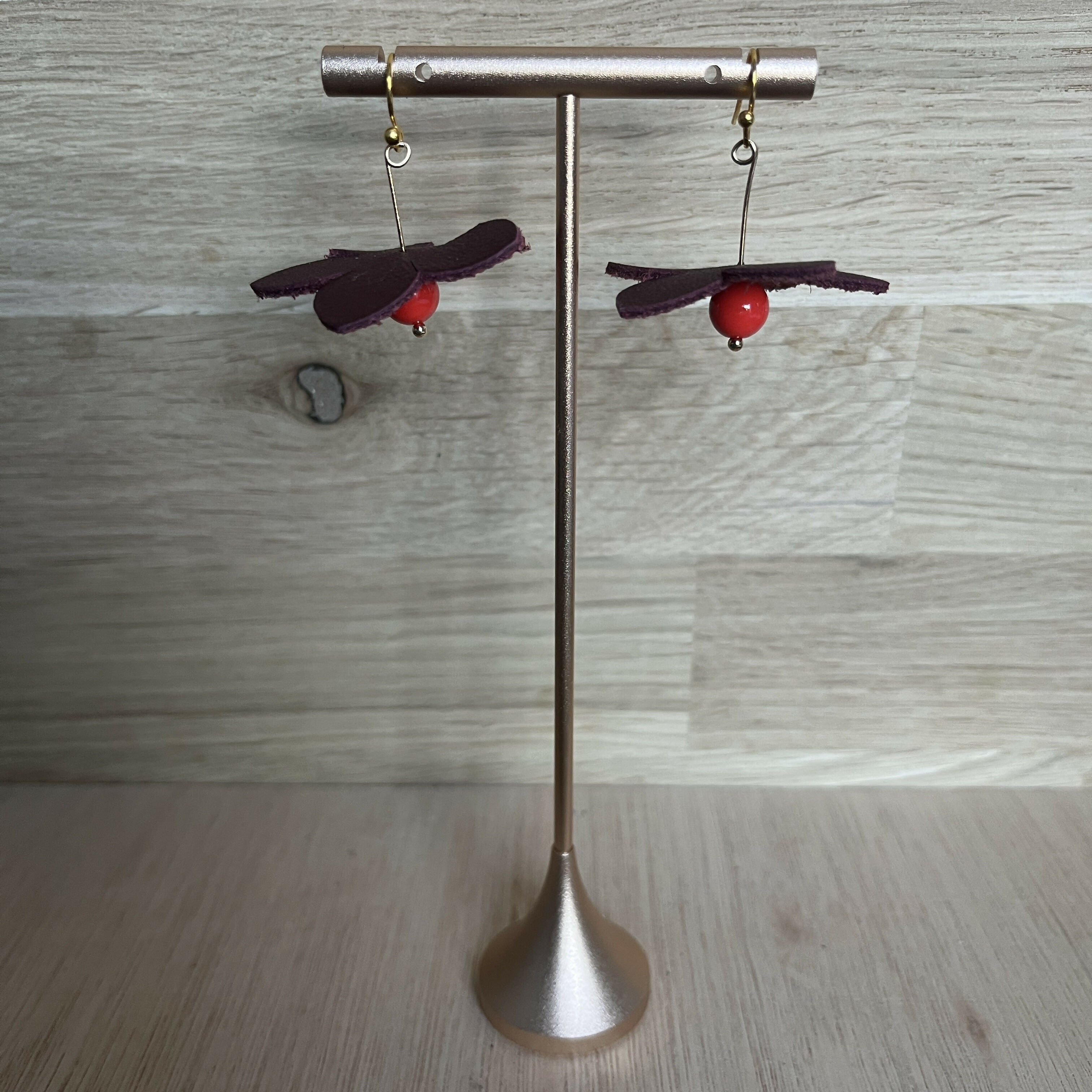 Forest Whisper – Burgundy Leather Flower Earrings with Orange Stone
