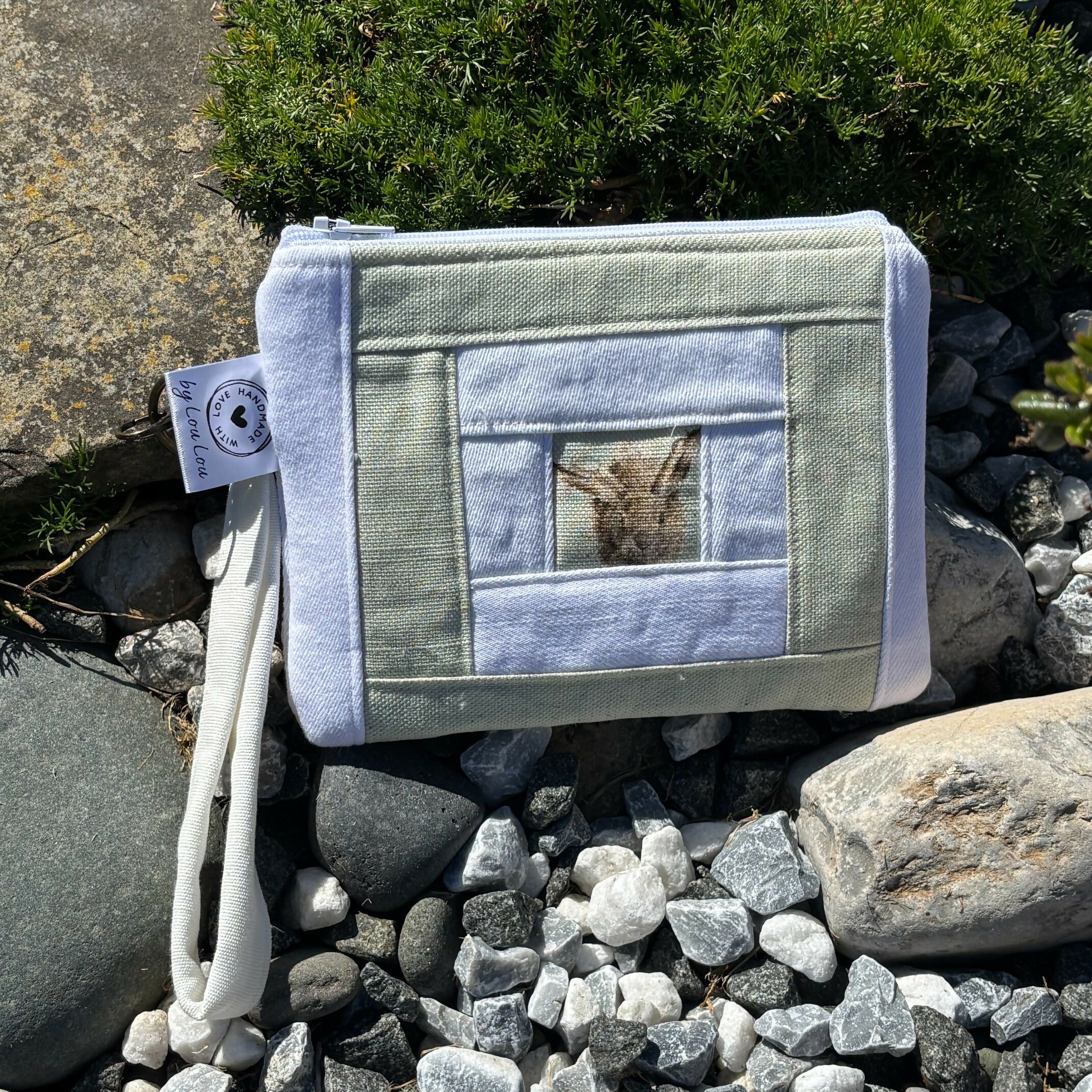 Unique Handcrafted Patchwork Purse Wristie Made From Upcycled White Jeans And Animal Print Fabric