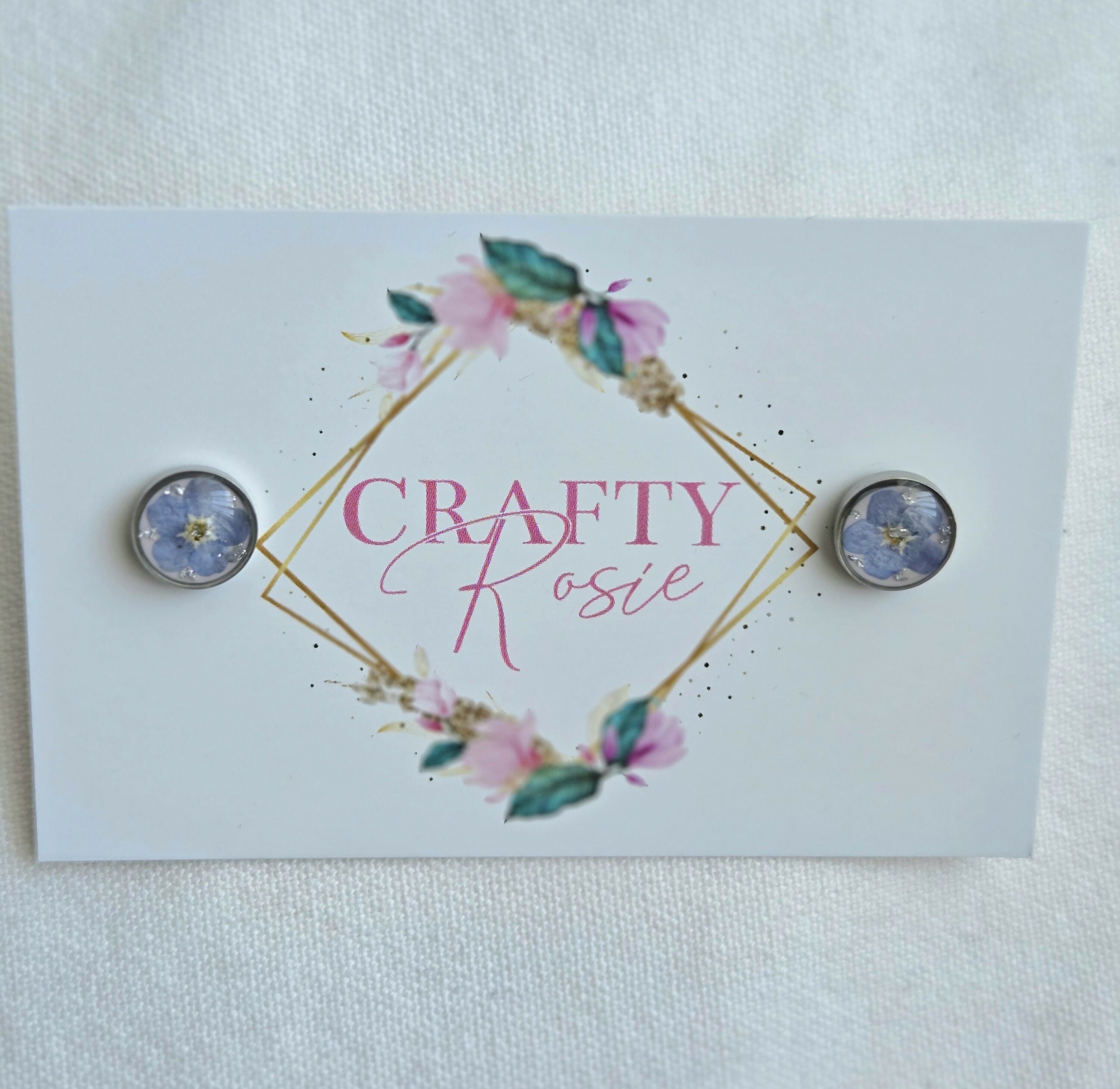 Stainless Steel Real Dried Forget Me Not Flower Stud Earrings