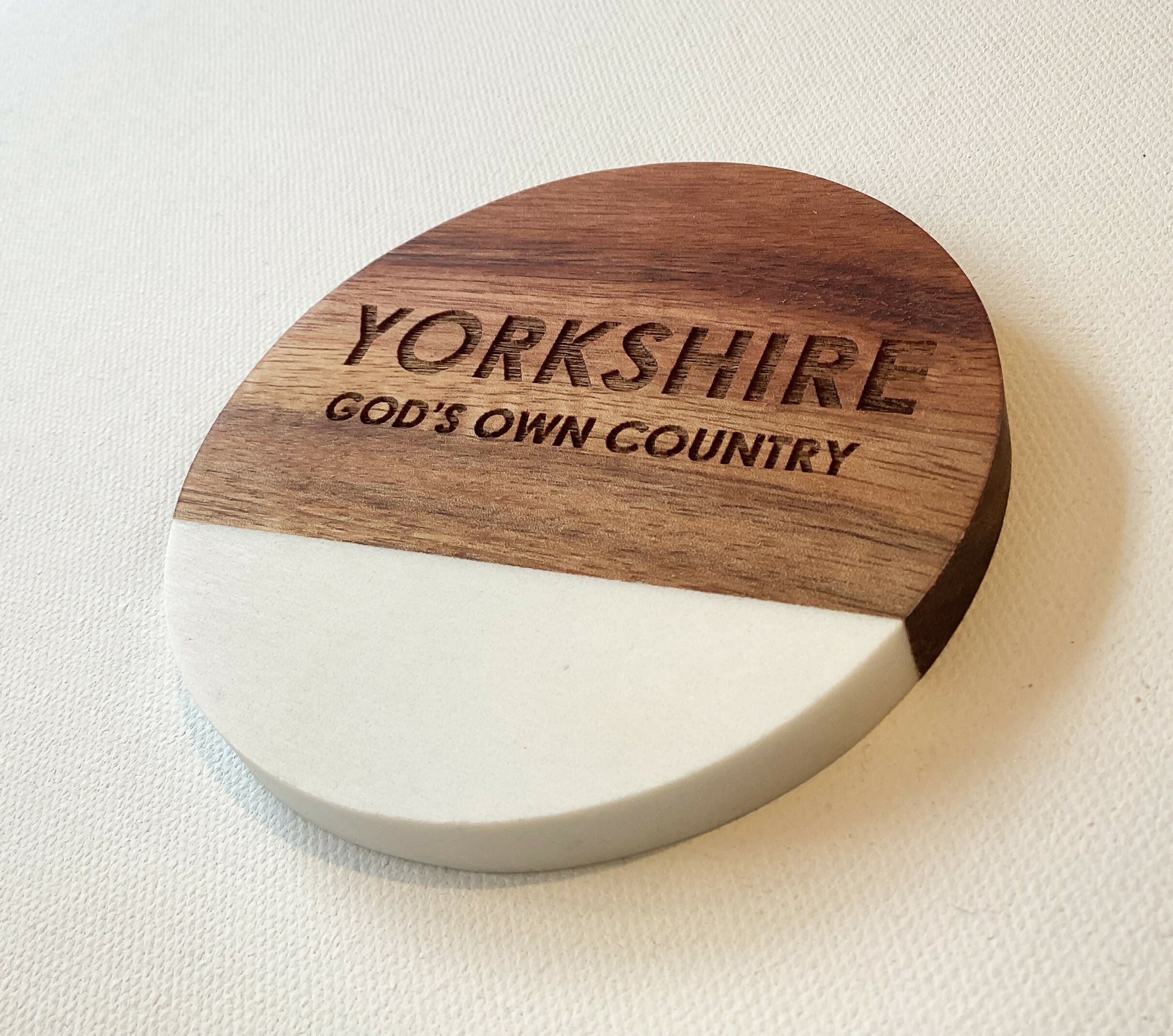 Yorkshire Inspired Engraved Marble and Acacia Wood Coaster