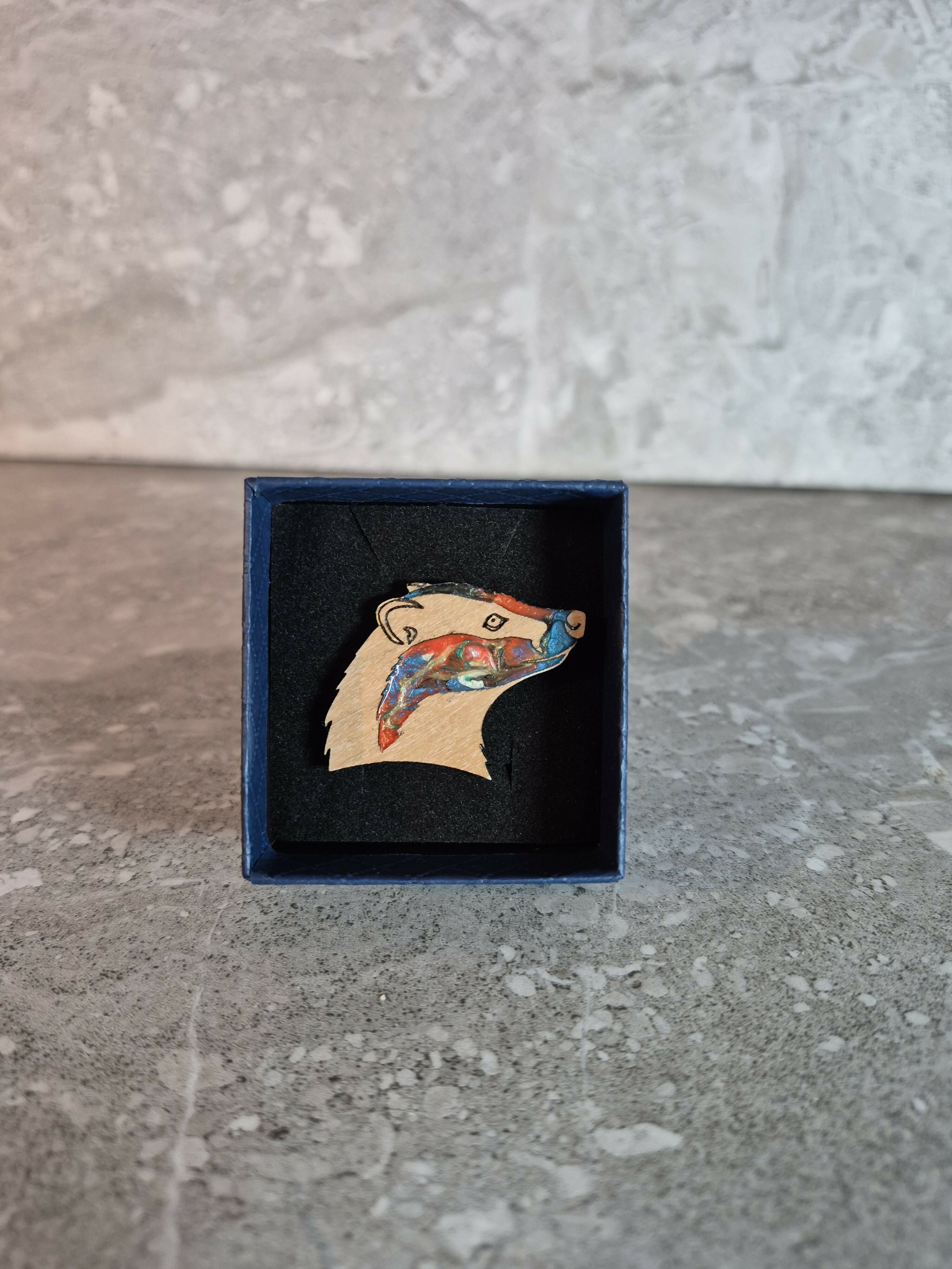 Handcrafted Cherry Veneer Badger Head Pin