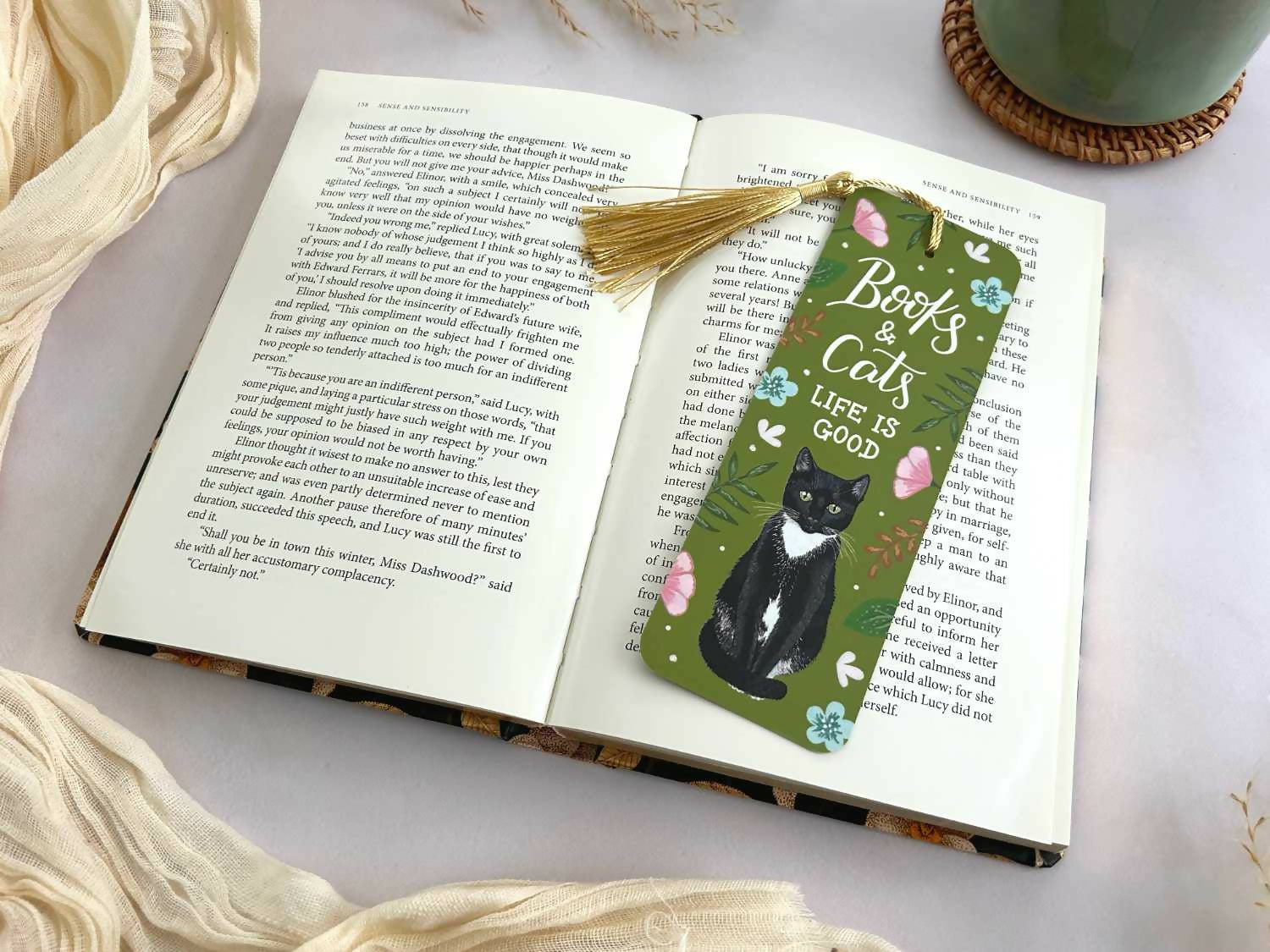 Tuxedo Cat Floral Bookmark
