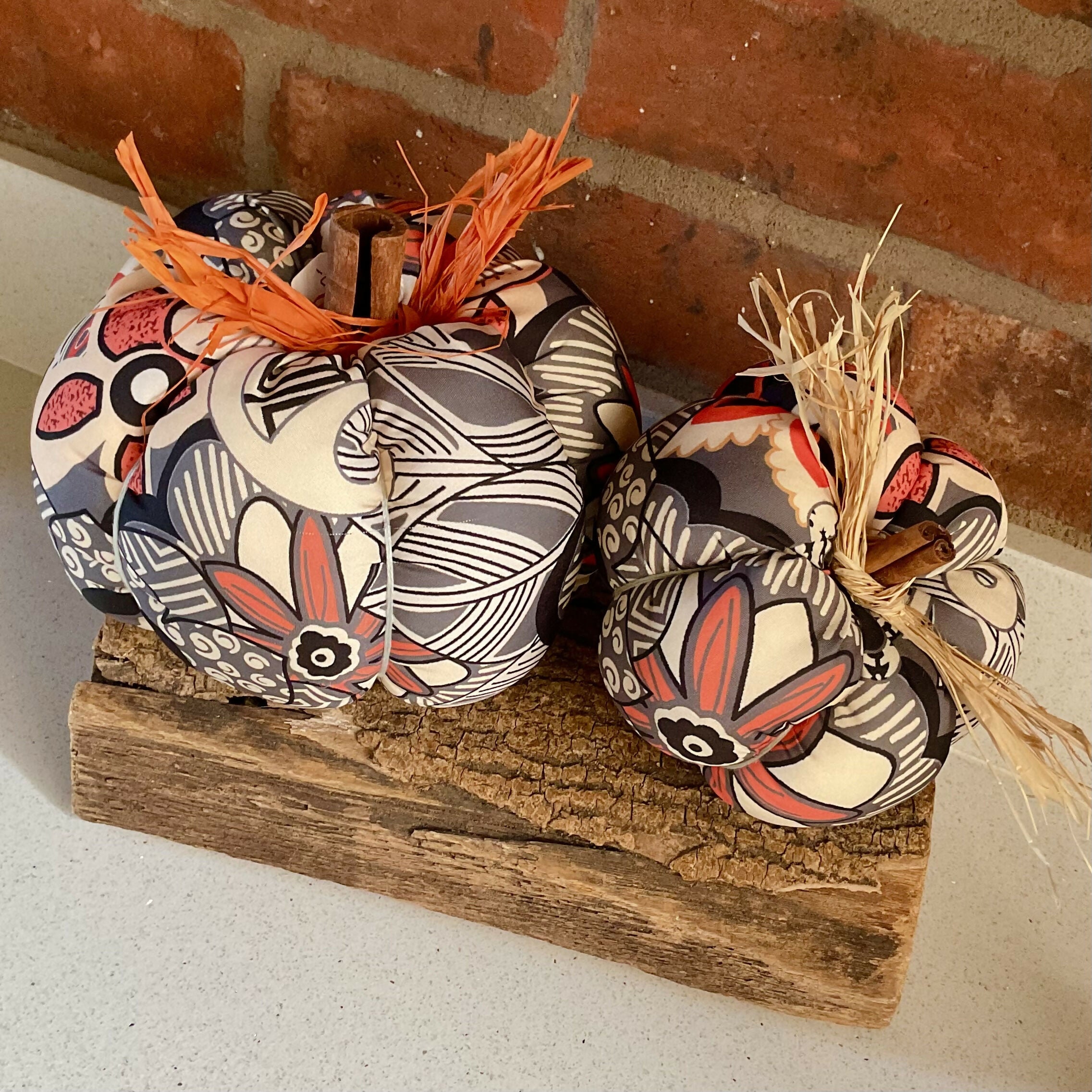 Unique Upcycled Pumpkin Decoration, Handmade Grey and Orange Patterned Halloween Ornament