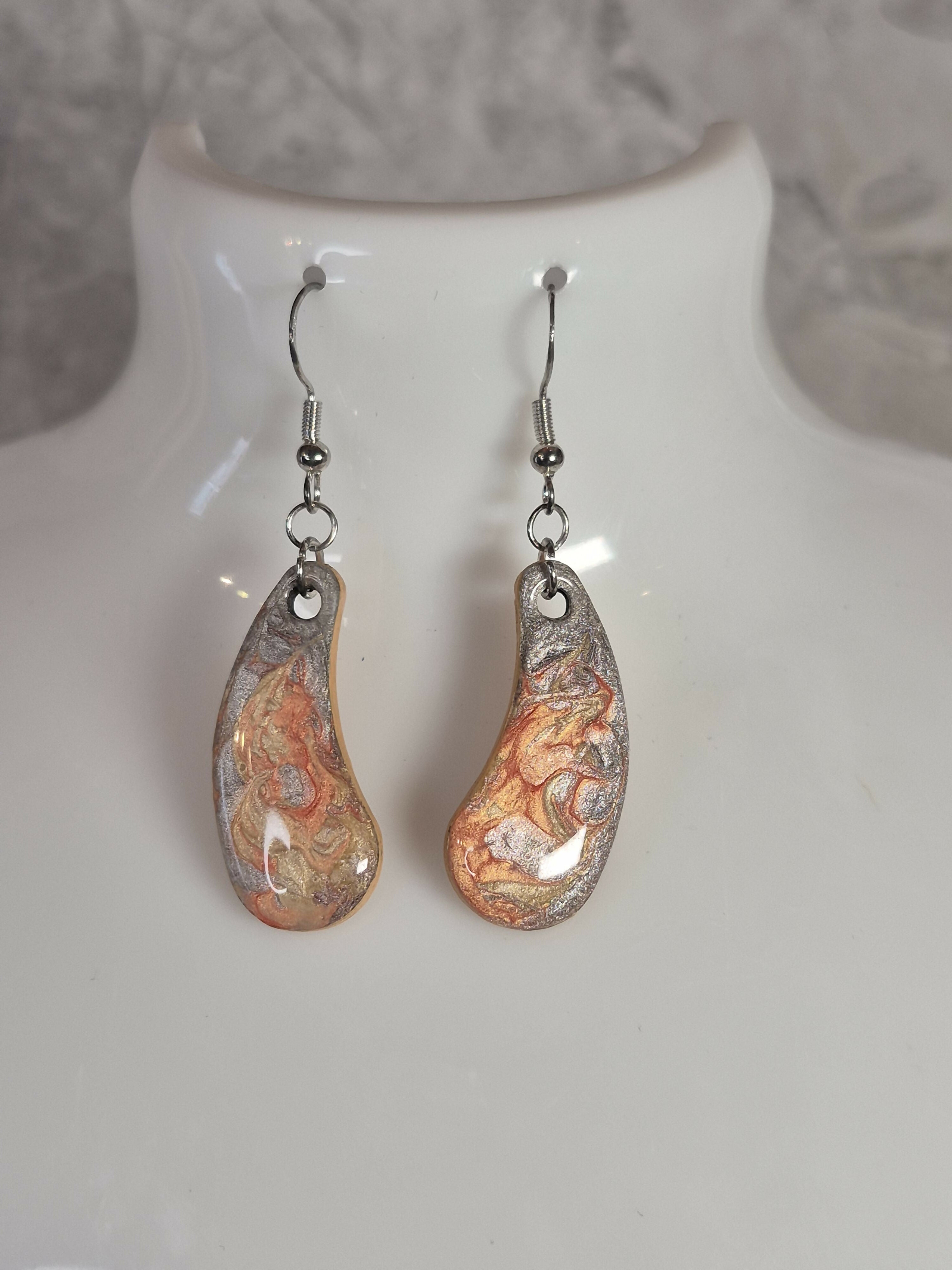 Handcrafted Teardrop Shaped Orange And Gold Earrings