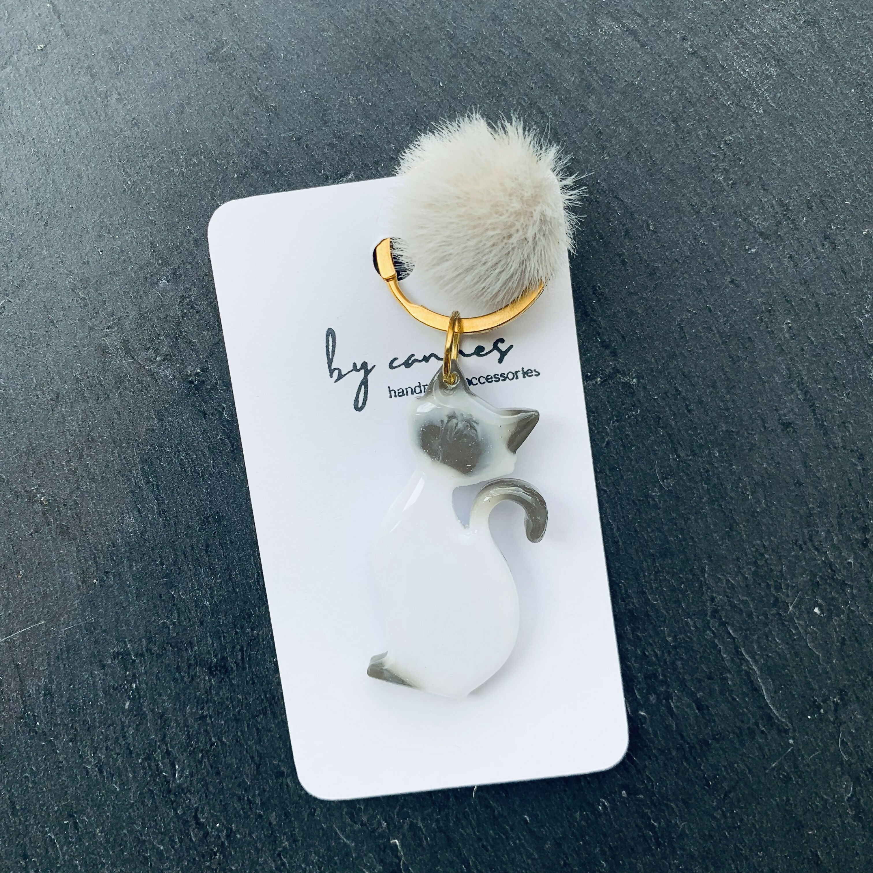 Handcrafted Resin Cat Keyring, Bag Charm with Pom Pom