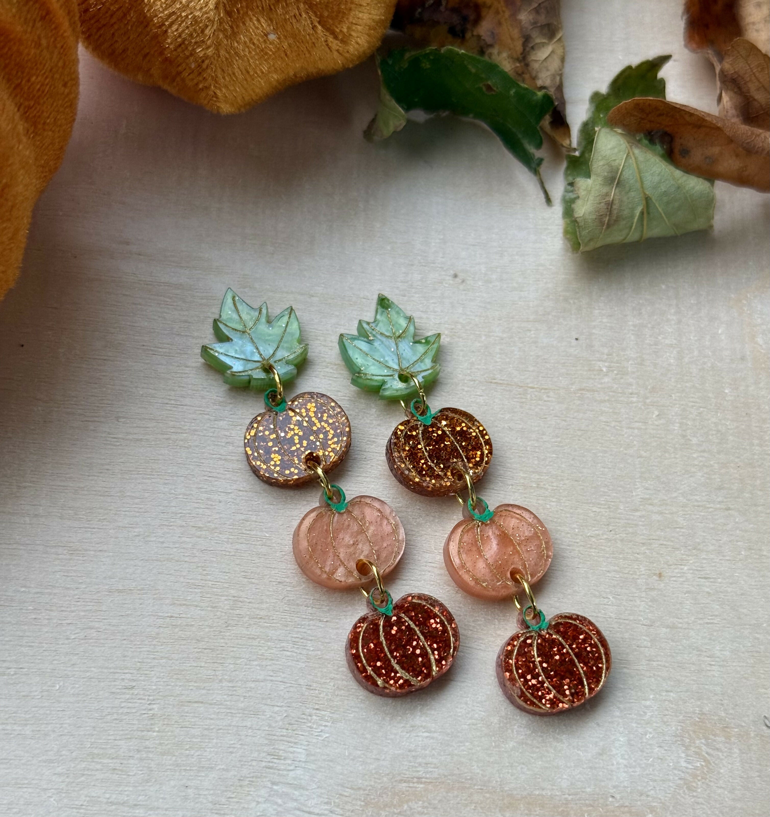 Dangly pumpkin earrings with leaf stud