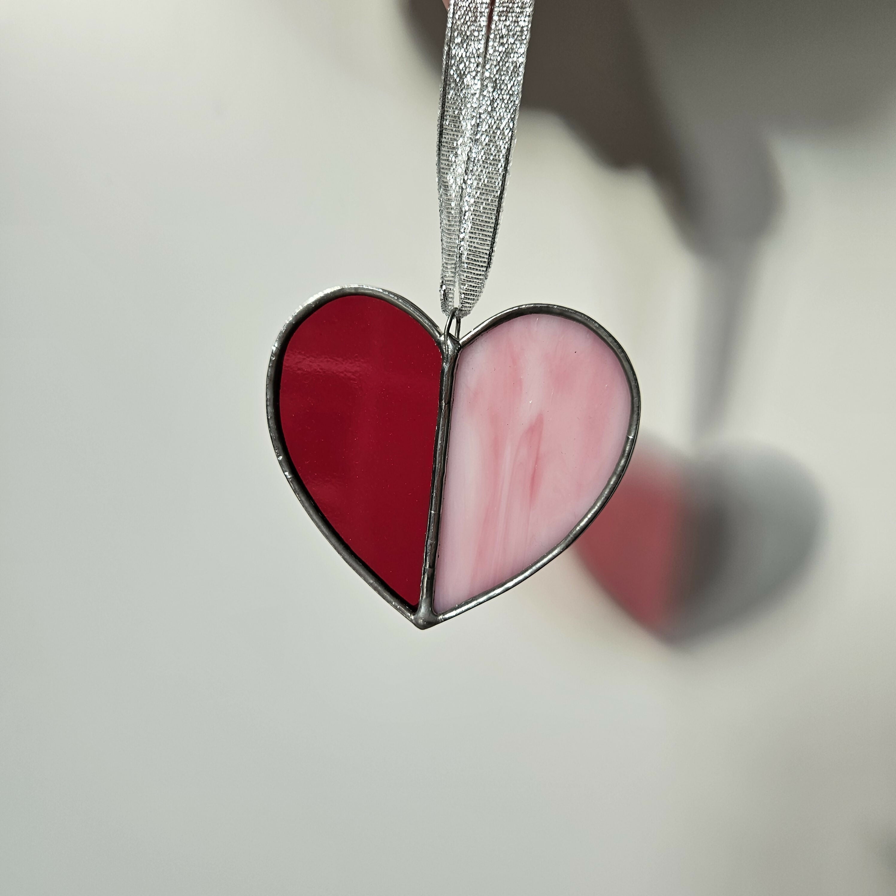 Red & Streaky Pink Heart Stained Glass Suncatcher