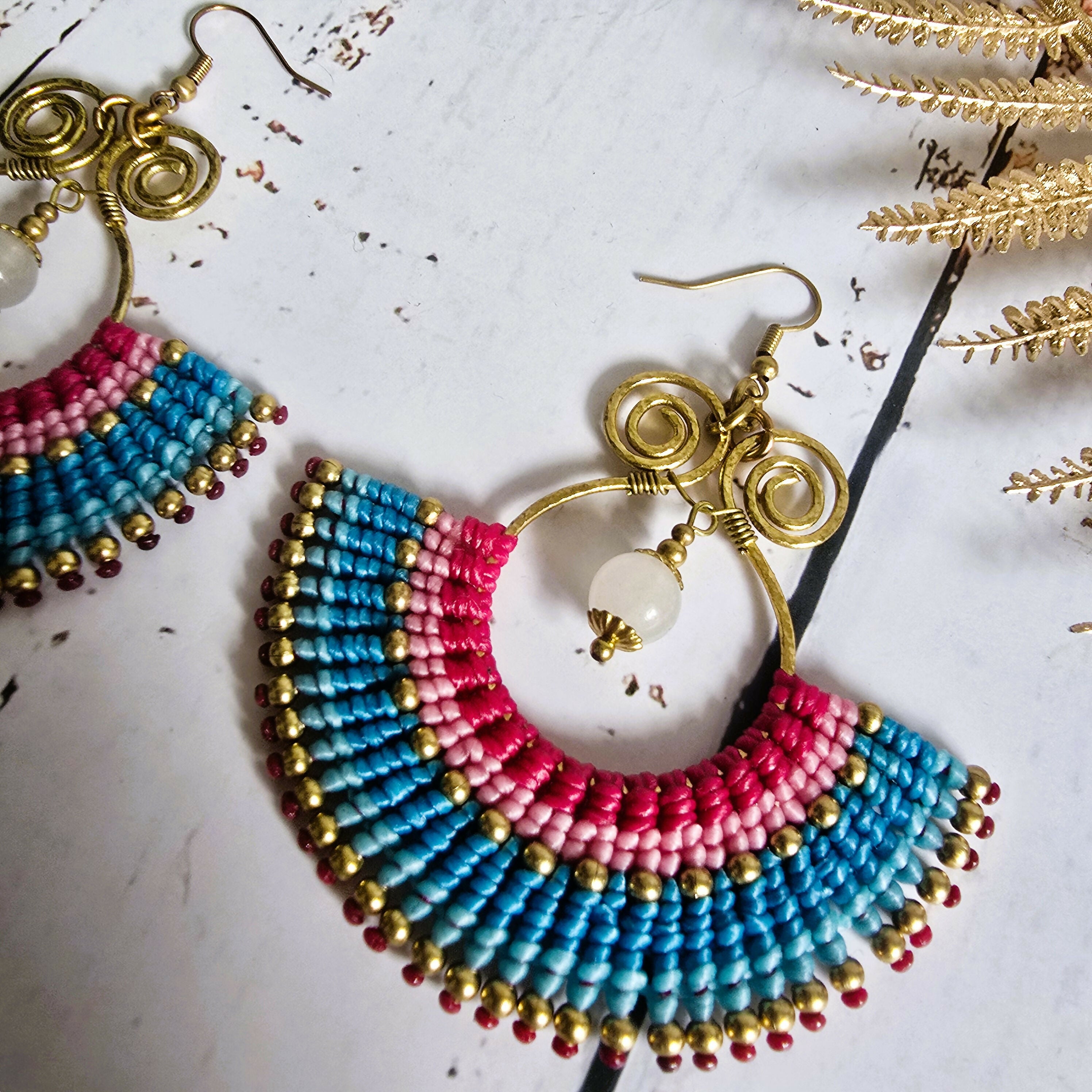 Pink Rose Quartz Statement Earrings; Handmade Bohemian Macramé Earrings With Gold Spiral Wirework