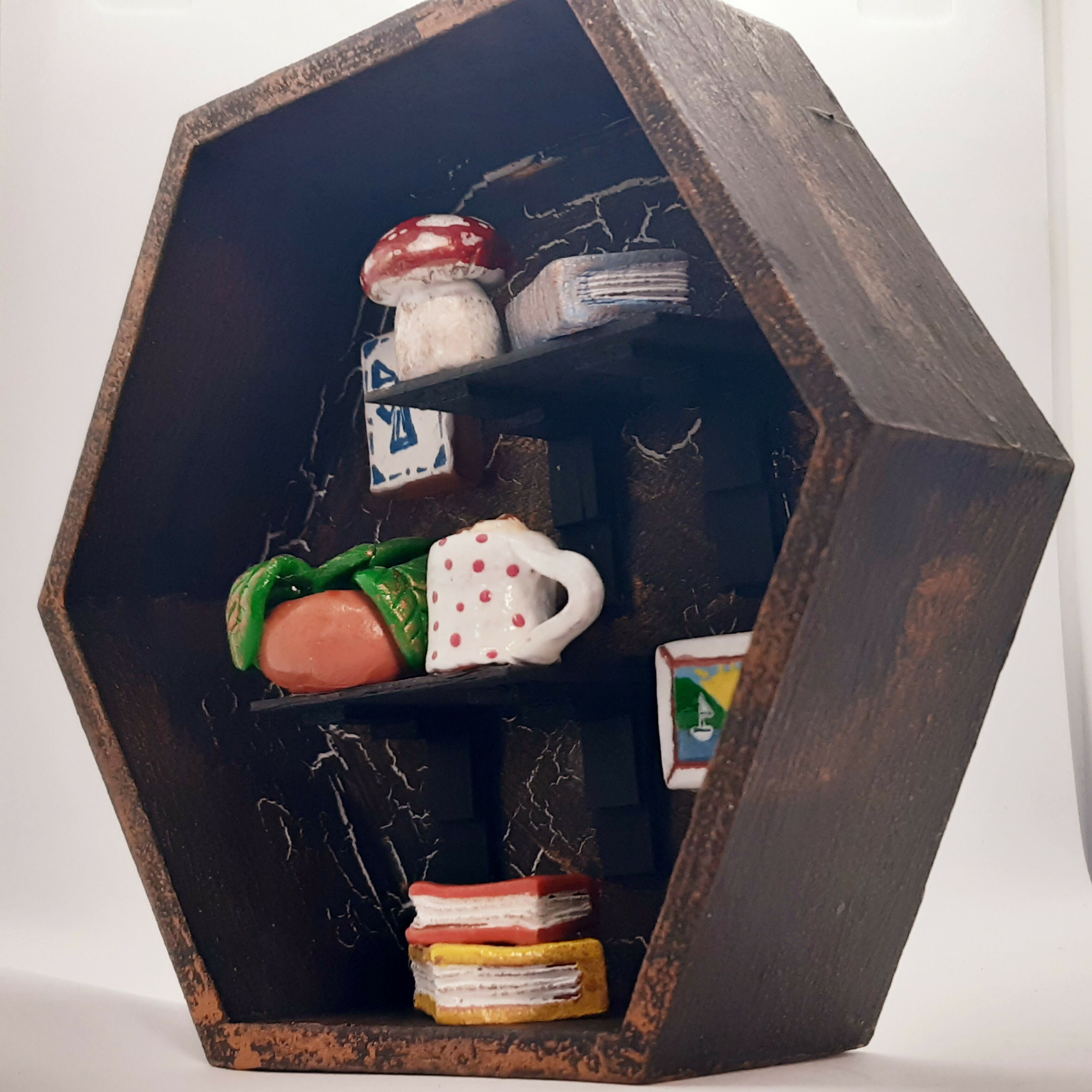 Clay Trinket Filled Hexagonal Wooden Diorama Ornament