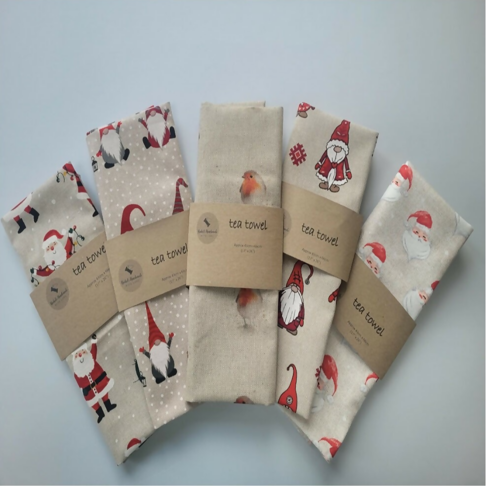 Christmas Father Christmas Print Tea Towel Handmade in the UK in Cotton Rich Linen