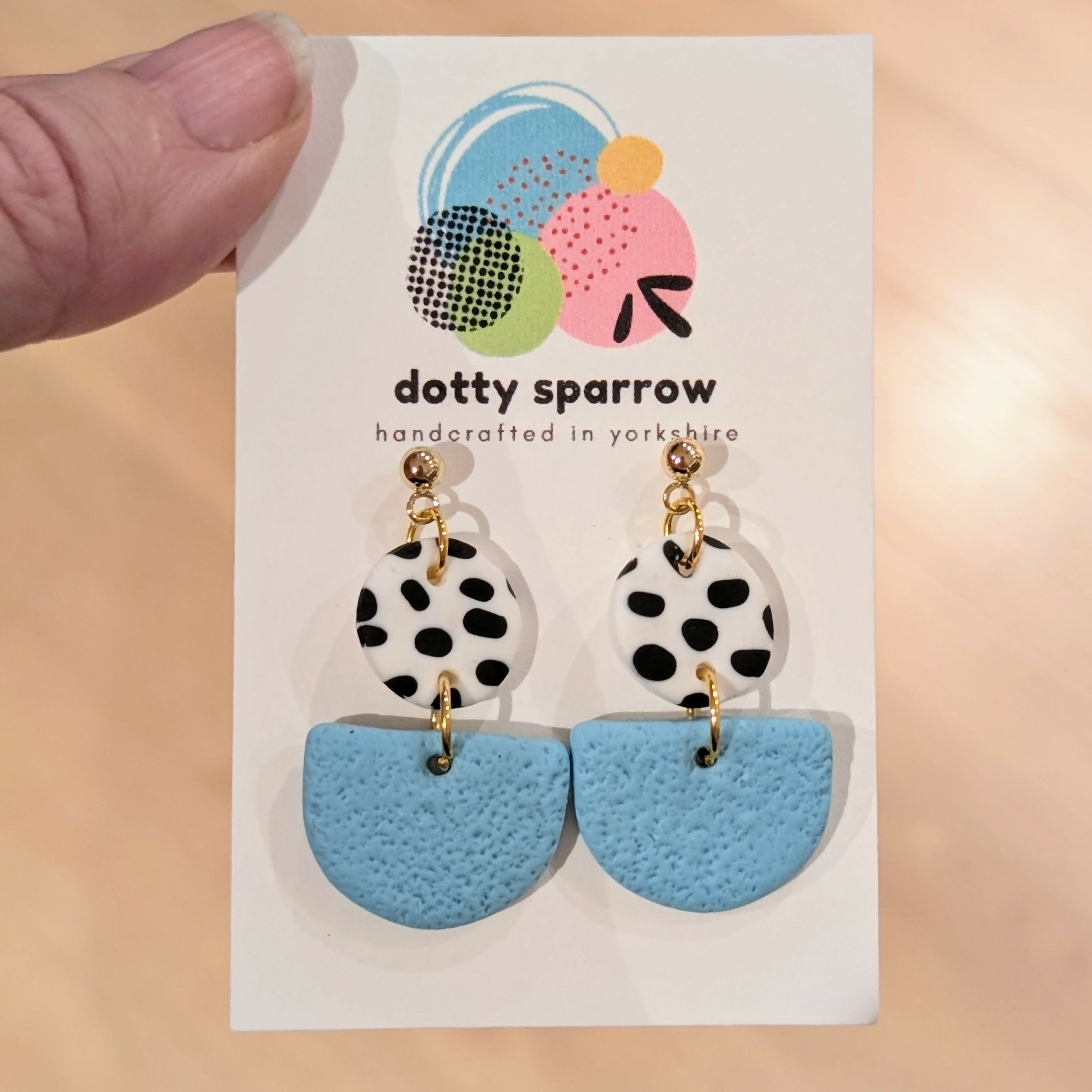 Dalmatian & Pastel Blue Drop Dangle Handmade Polymer Clay Earrings