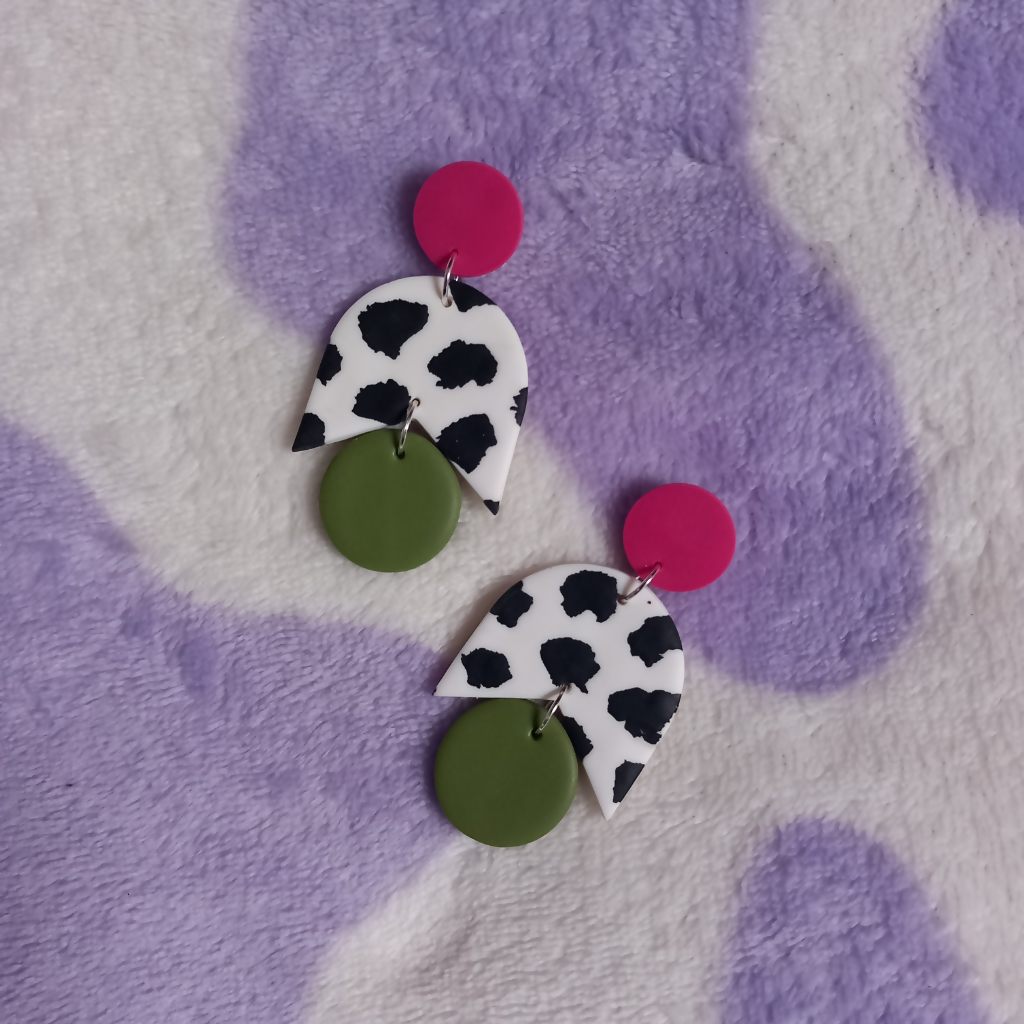 Polymer Clay Statement Double Drop Cow Print Earrings