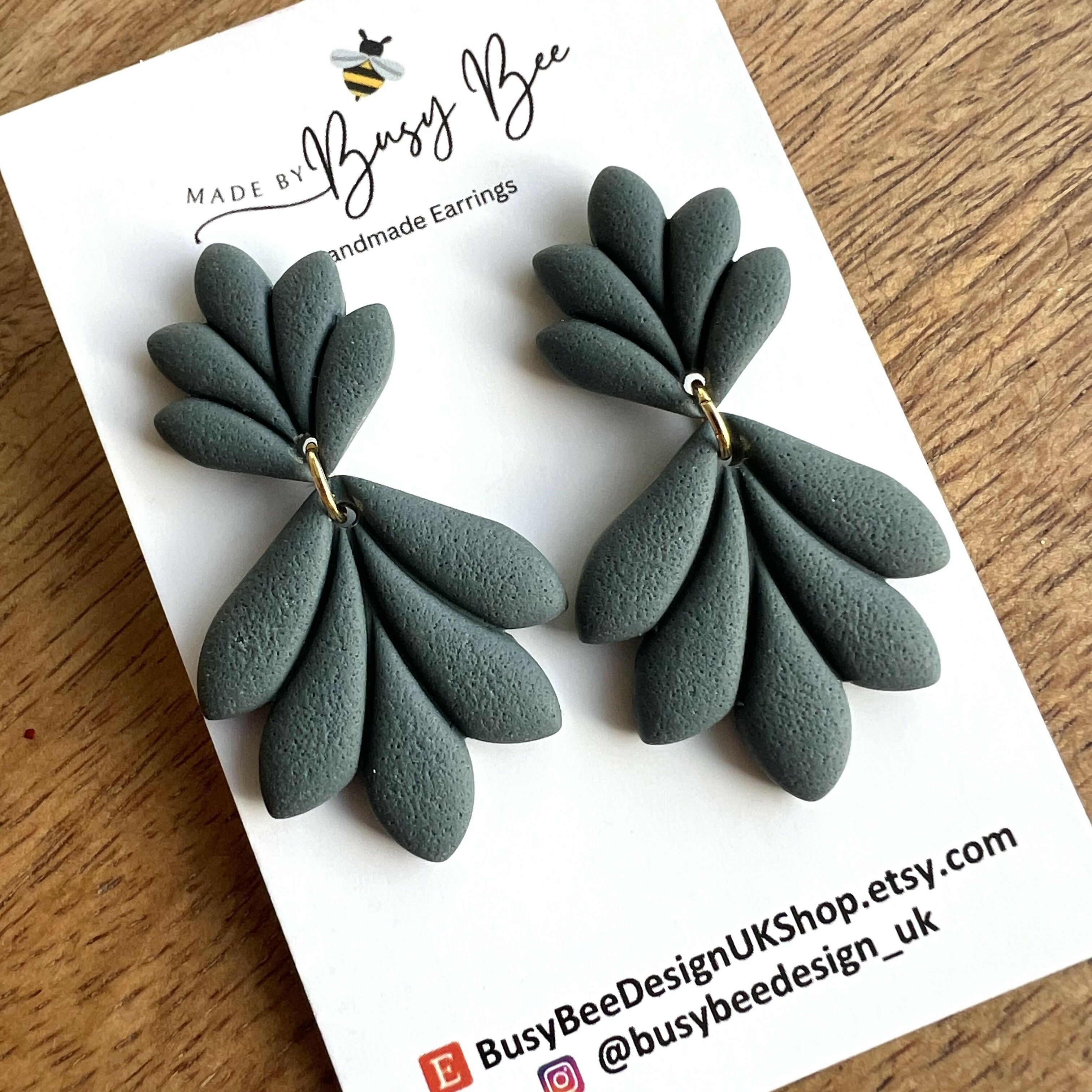 Boho Dark Blue Green Autumn Leaf Earrings /Statement Dangle Polymer Clay Earrings / Handmade Minimalist Jewellery