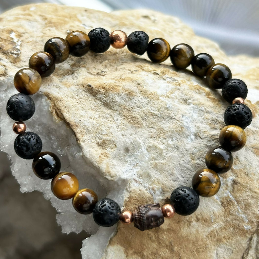Men's Handmade Tiger's Eye And Lava Stone Buddha Bracelet