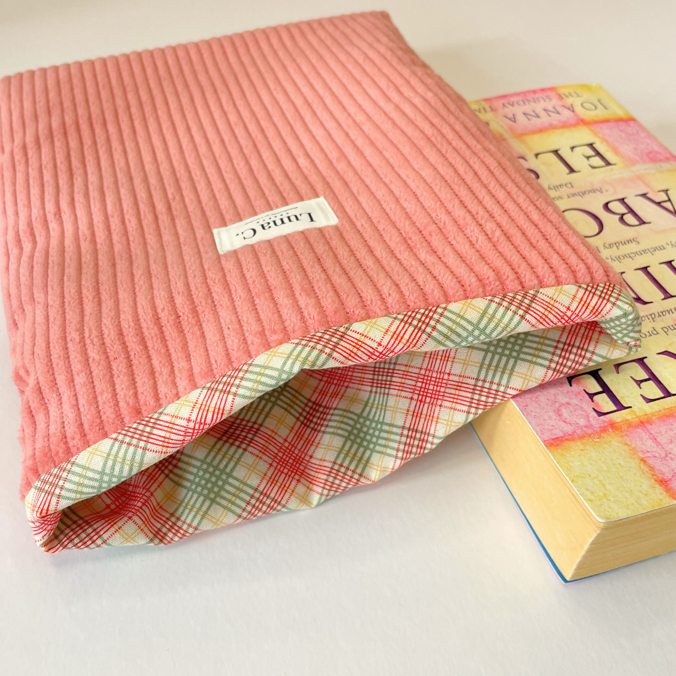 Pink Corduroy Multicolour Plaid Lining Book Sleeve