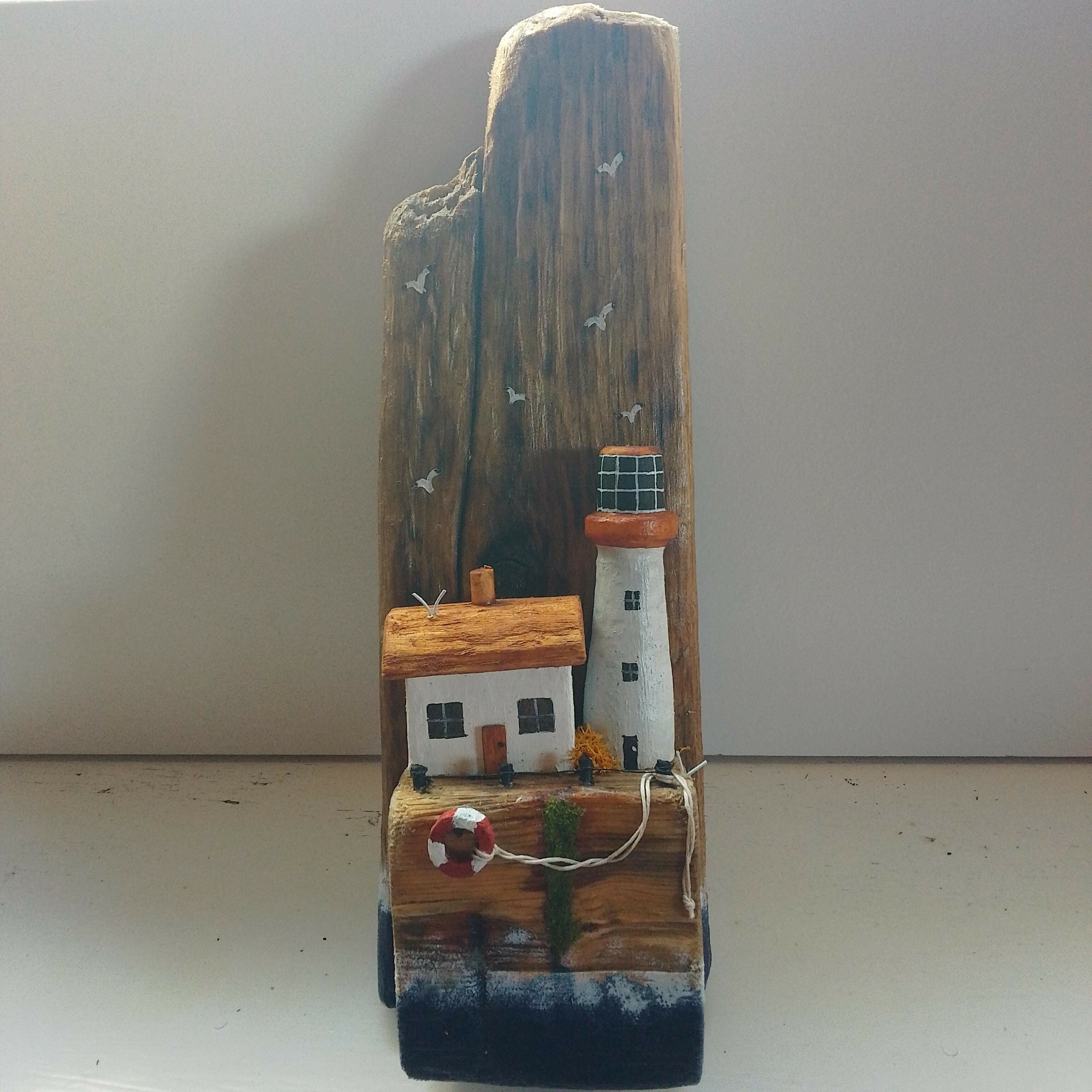Lighthouse And Cottage, On 2 Pieces Of Wood
