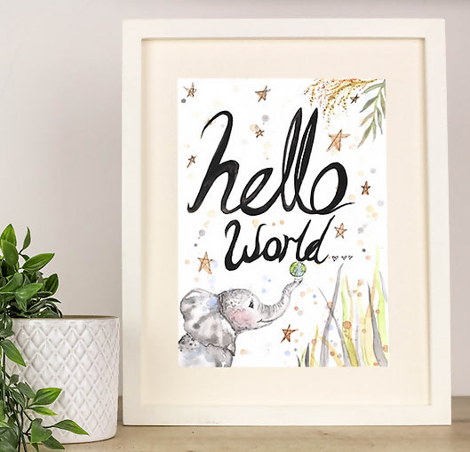 'Hello World' Baby Elephant Watercolour Painting Print A4 Mounted