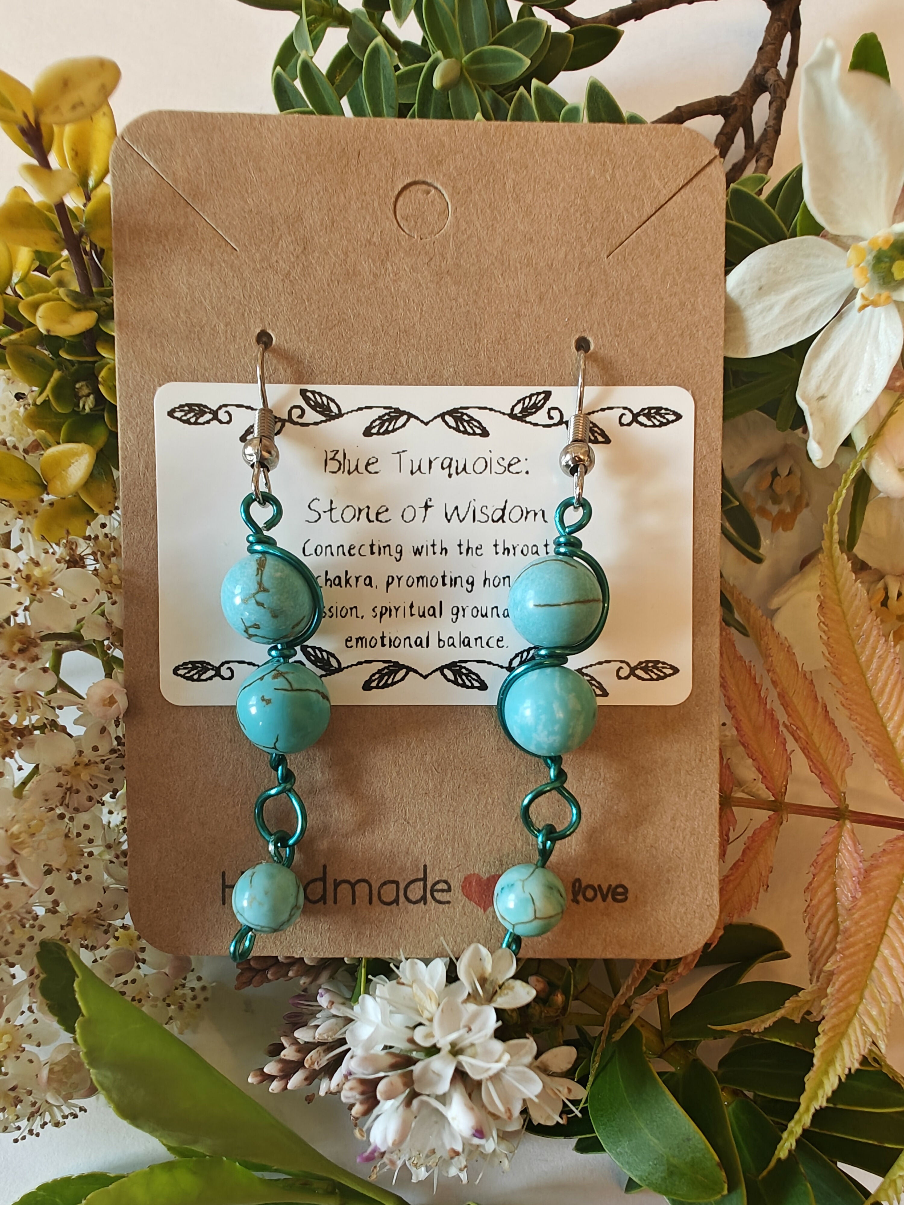 Blue Turquoise Wire Wrapped Crystal Bead Earrings