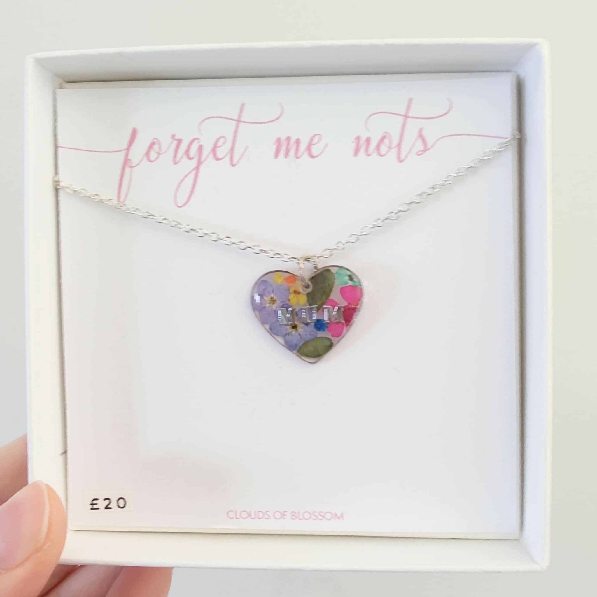 Real Flower Mum Heart Necklace Silver Plated