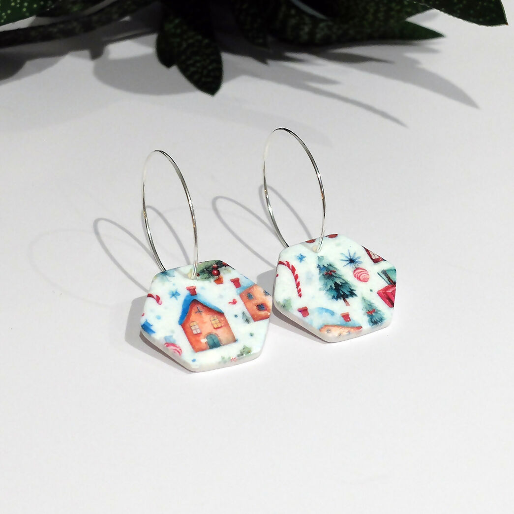 Christmas Gingerbread Village Hoop Earrings - Handmade Polymer Clay - Polly Plant