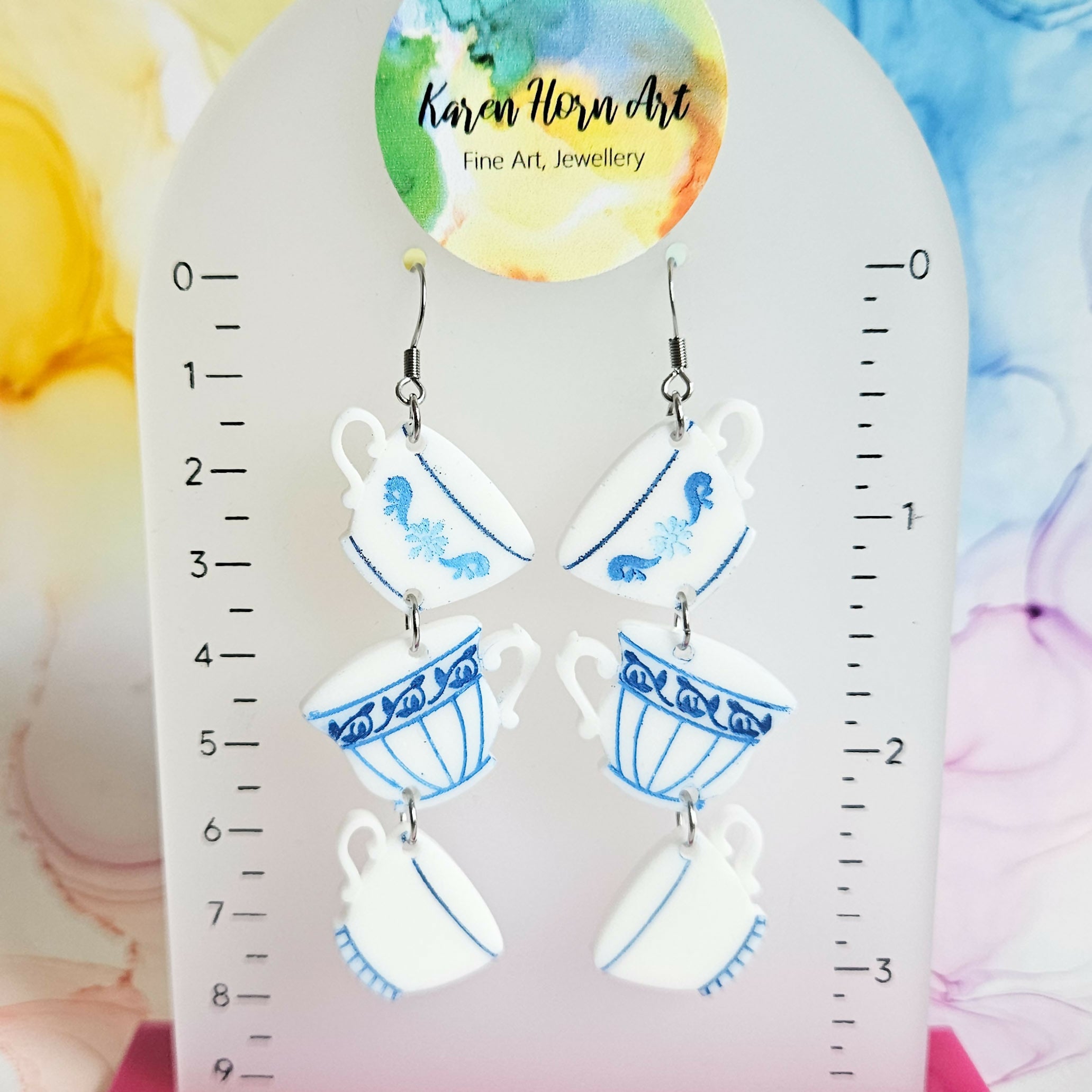 Handmade White And Blue 3 Teacups Resin Dangle Earrings