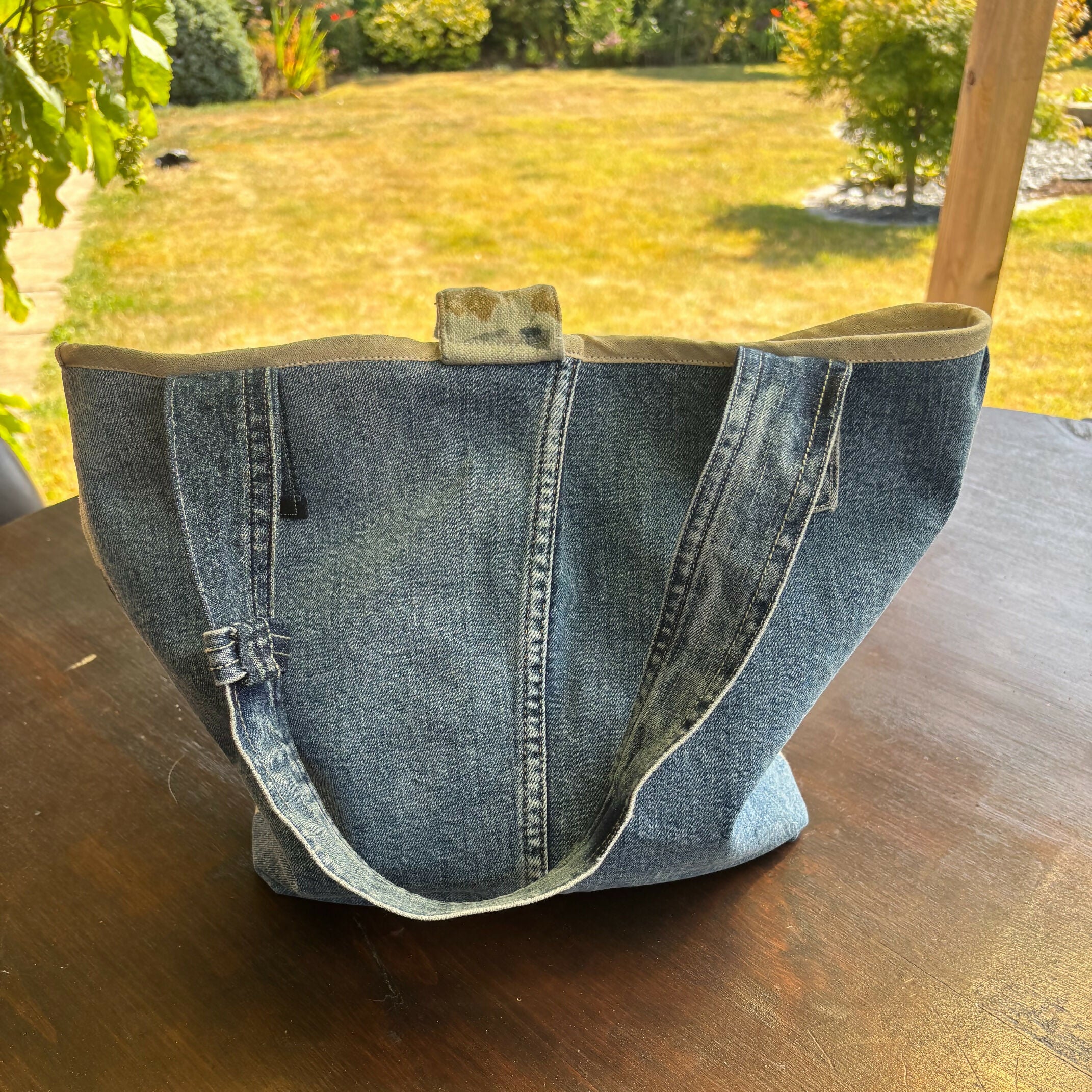 Unique Handcrafted Structured Denim Tote Shopping Bag Handbag Made From Upcycled Jeans
