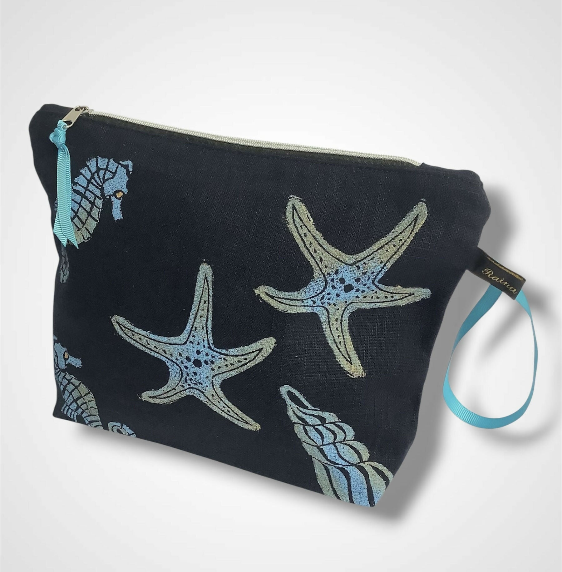 Navy Sea Shells Linen Women’s Makeup Bag