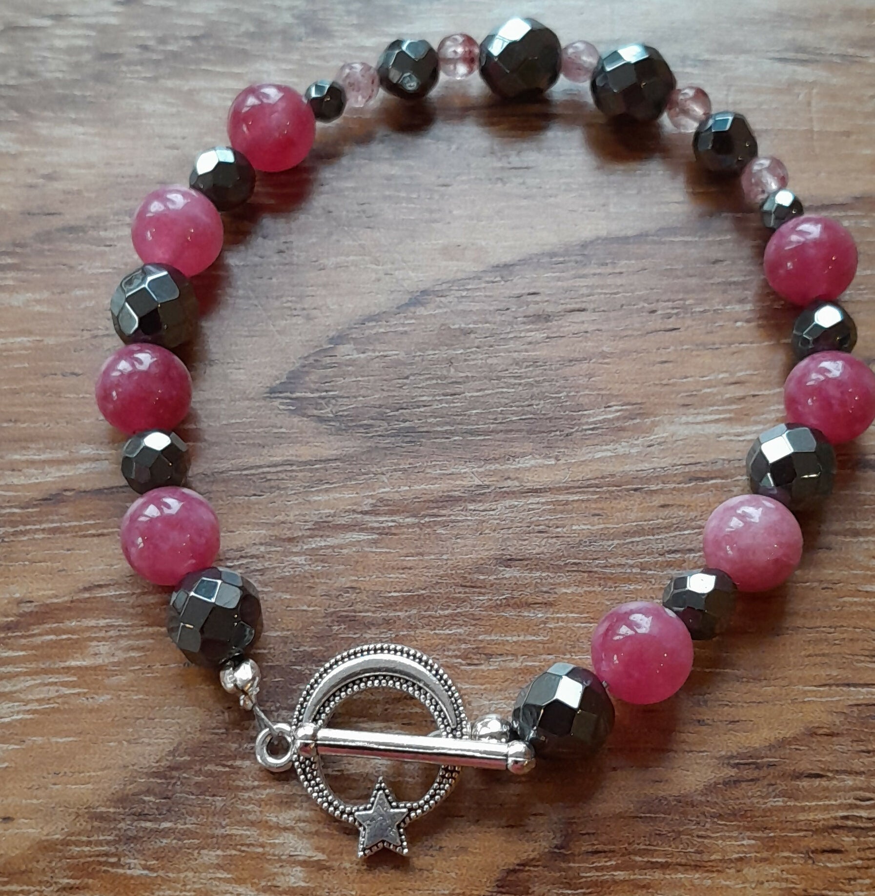 Gemstone Bracelet with a Tibetan Silver Toggle Catch, Faceted Grey Hematite, Strawberry Quartz and Strawberry Lepidcrocite.