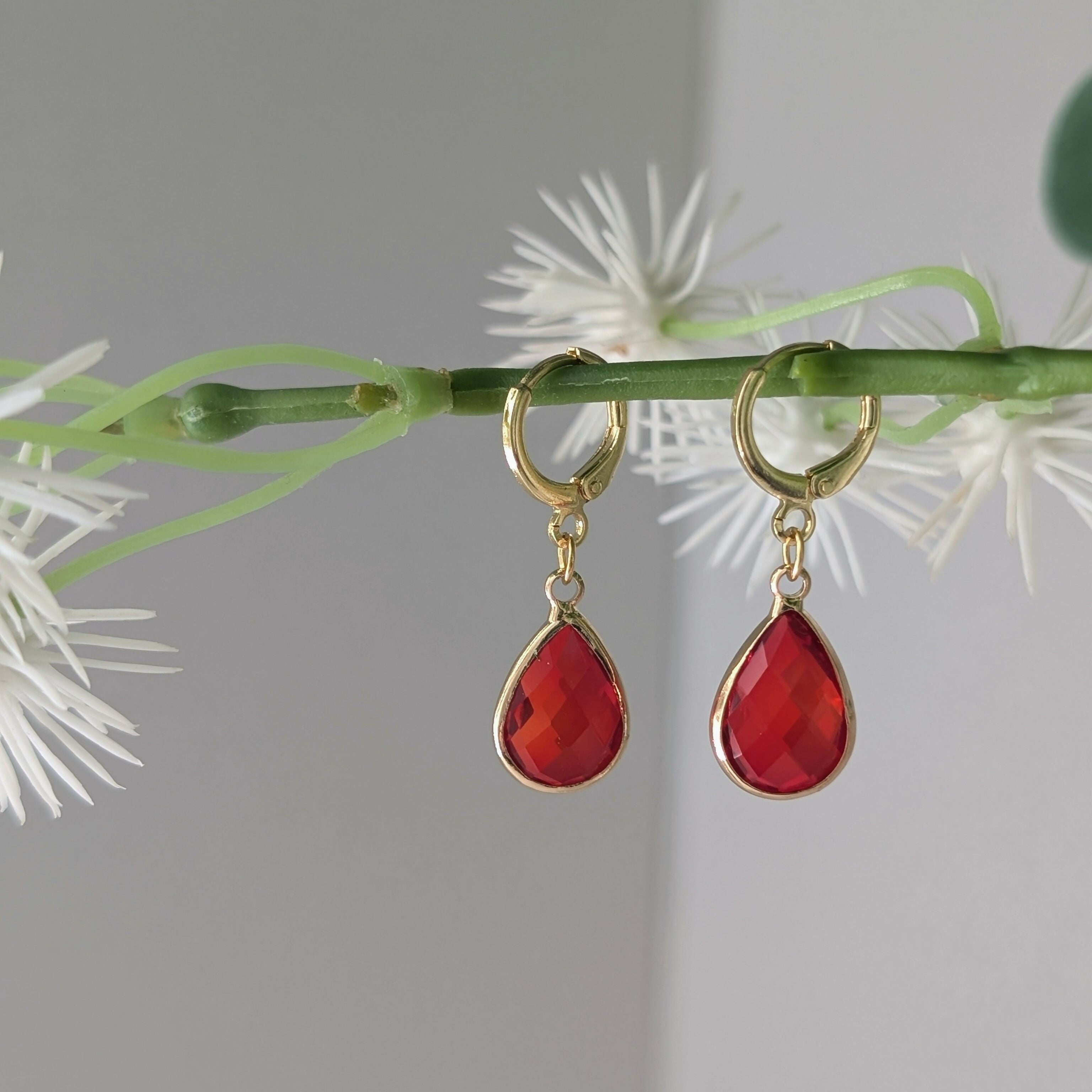 Vibrant Red Pink Faceted Crystal Teardop Gold Plated Huggie Earrings