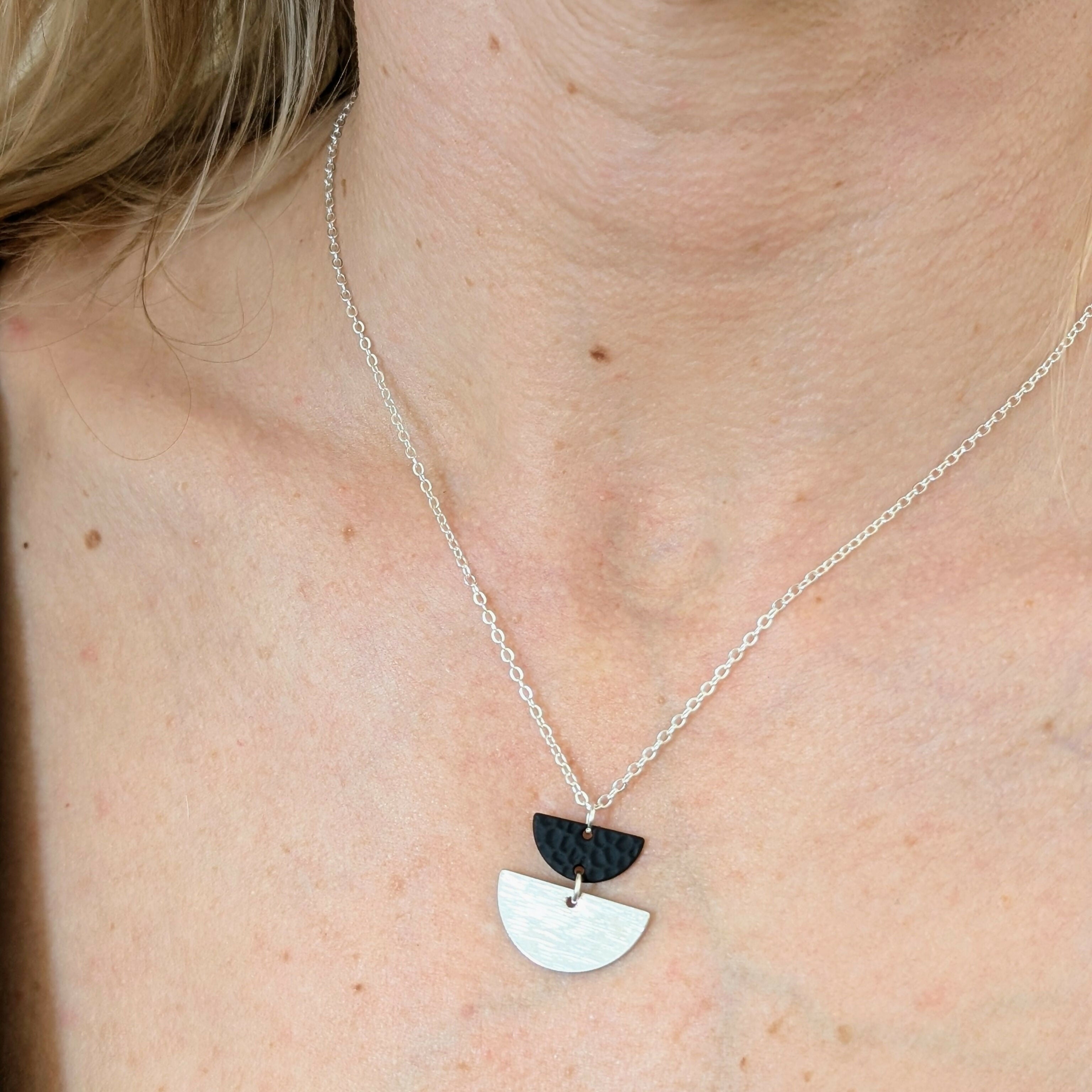 Geometric Necklace with Matte Black Charm and Silver Half Moon on Fine Silver Plated Chain