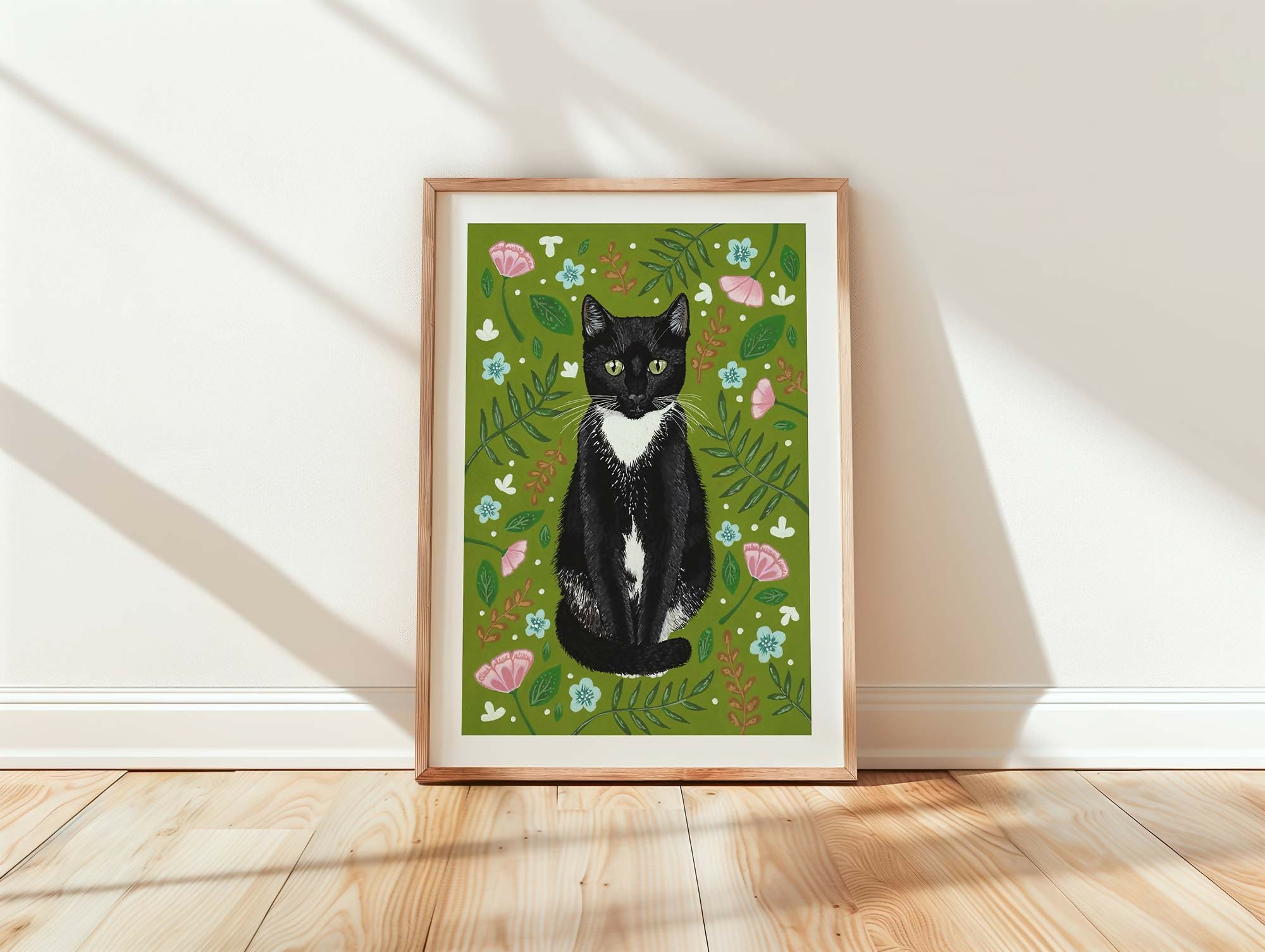Tuxedo Cat Floral Art Print A4