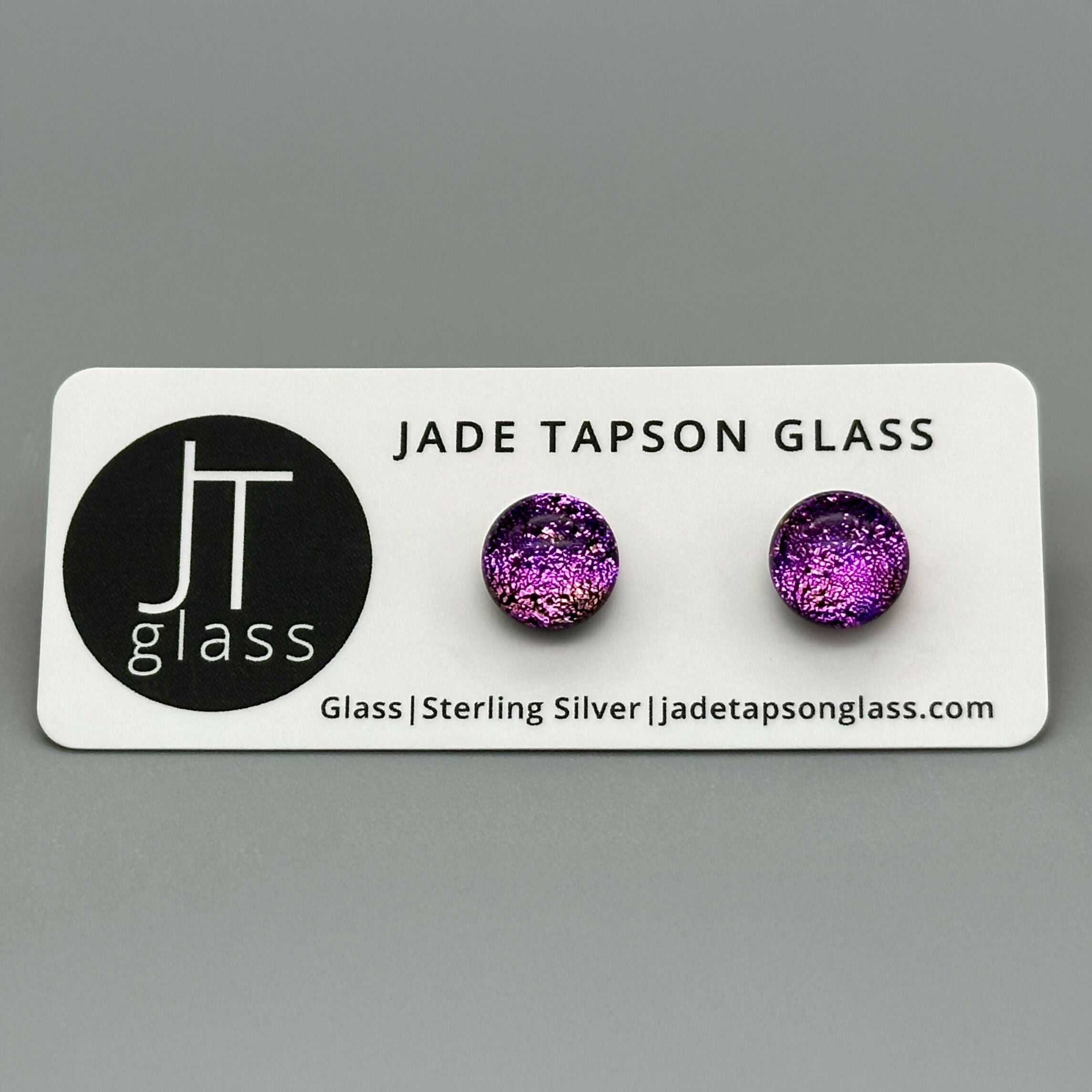 Pink Dichroic Fused Glass Sterling Silver Stud Earrings - Handmade by Jade Tapson Glass.