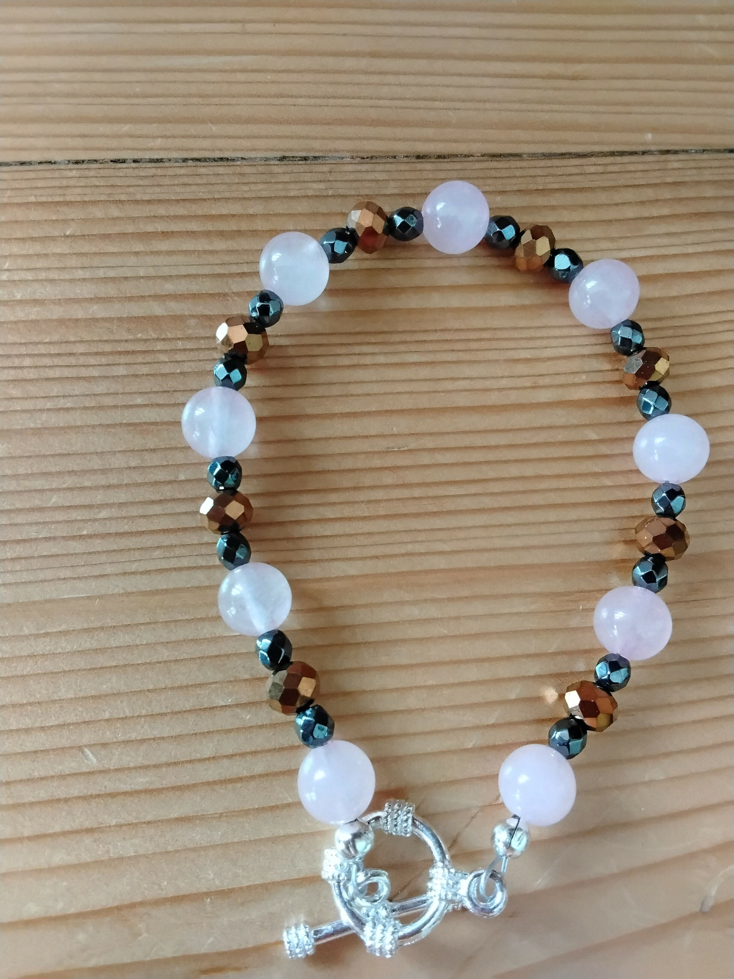 Tibetan Silver Toggle Catch Bracelet with Rose Quartz, Faceted Grey Hematite & Faceted Copper Hematite.