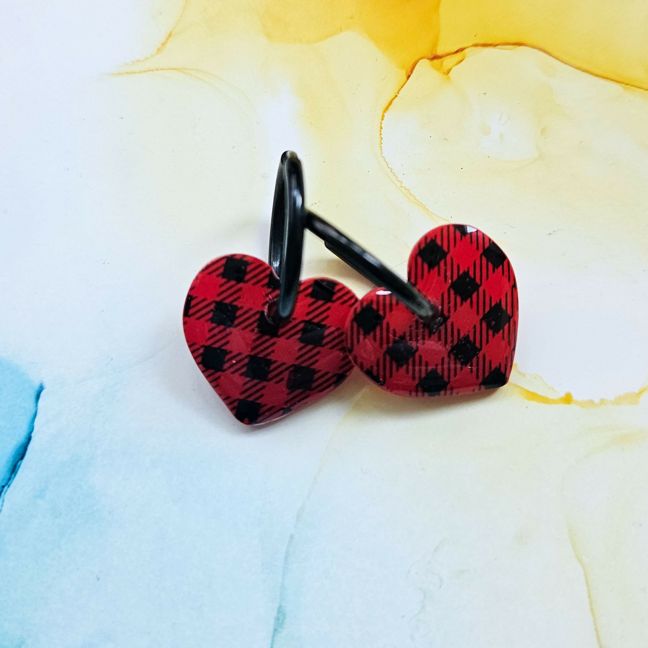 Handmade Red Tartan Or White Black Checked Heart Resin Charms On Black Hoops