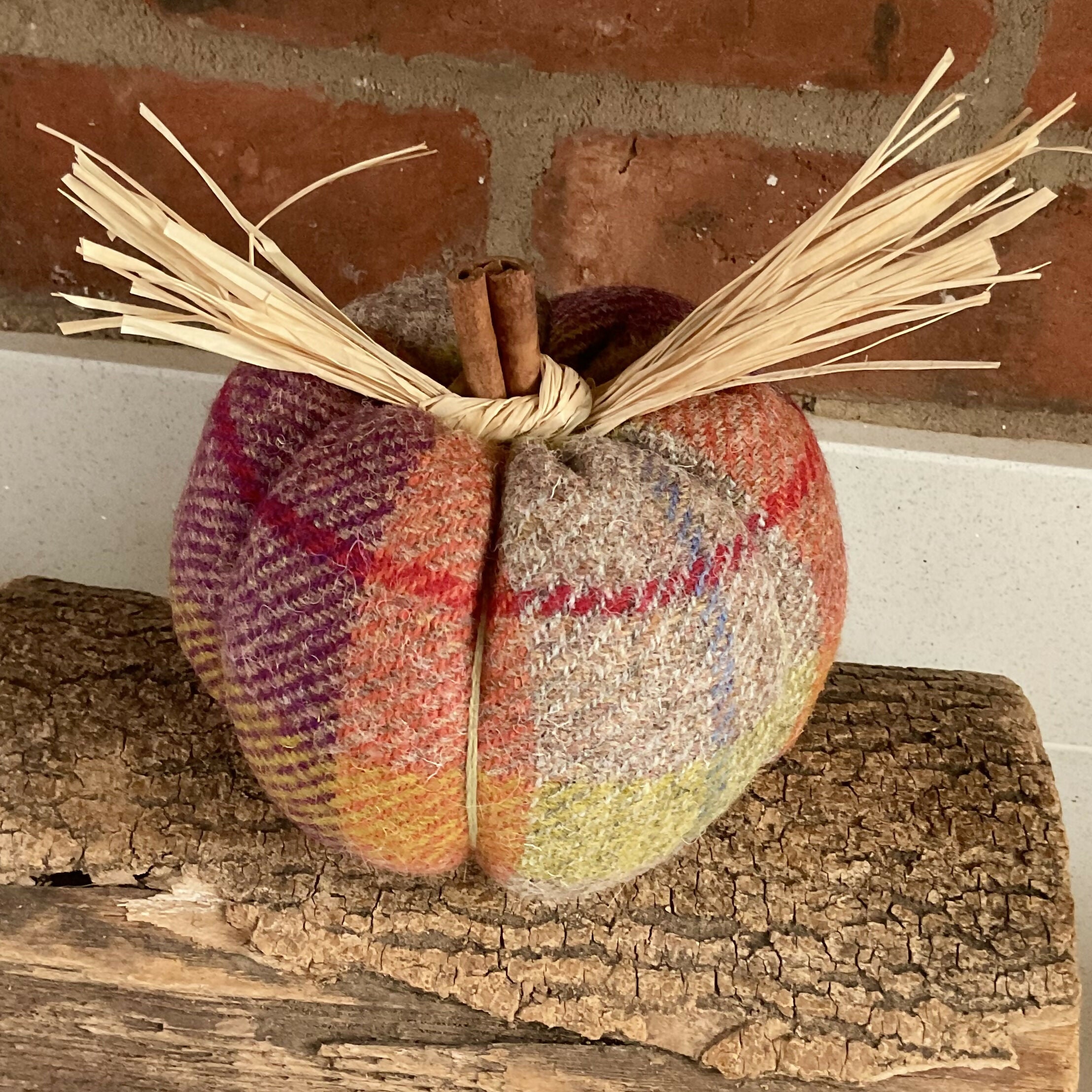 Handmade Harris Tweed Pumpkin Decoration, Purple And Orange Wool Fabric Autumn Home Ornament