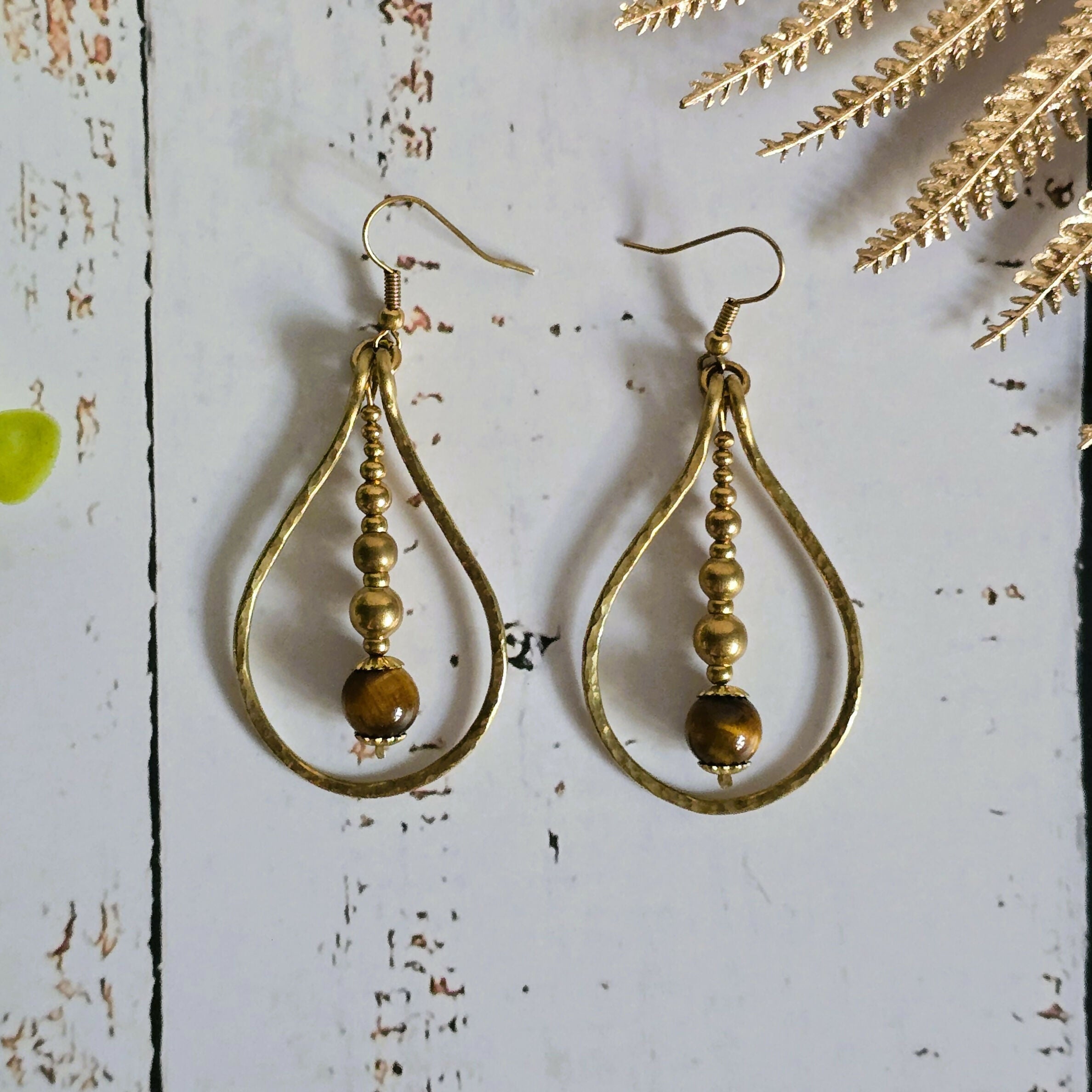 Tiger's Eye Raindrop Earrings; Gold Brass Wire Teardrop Crystal Boho Earrings