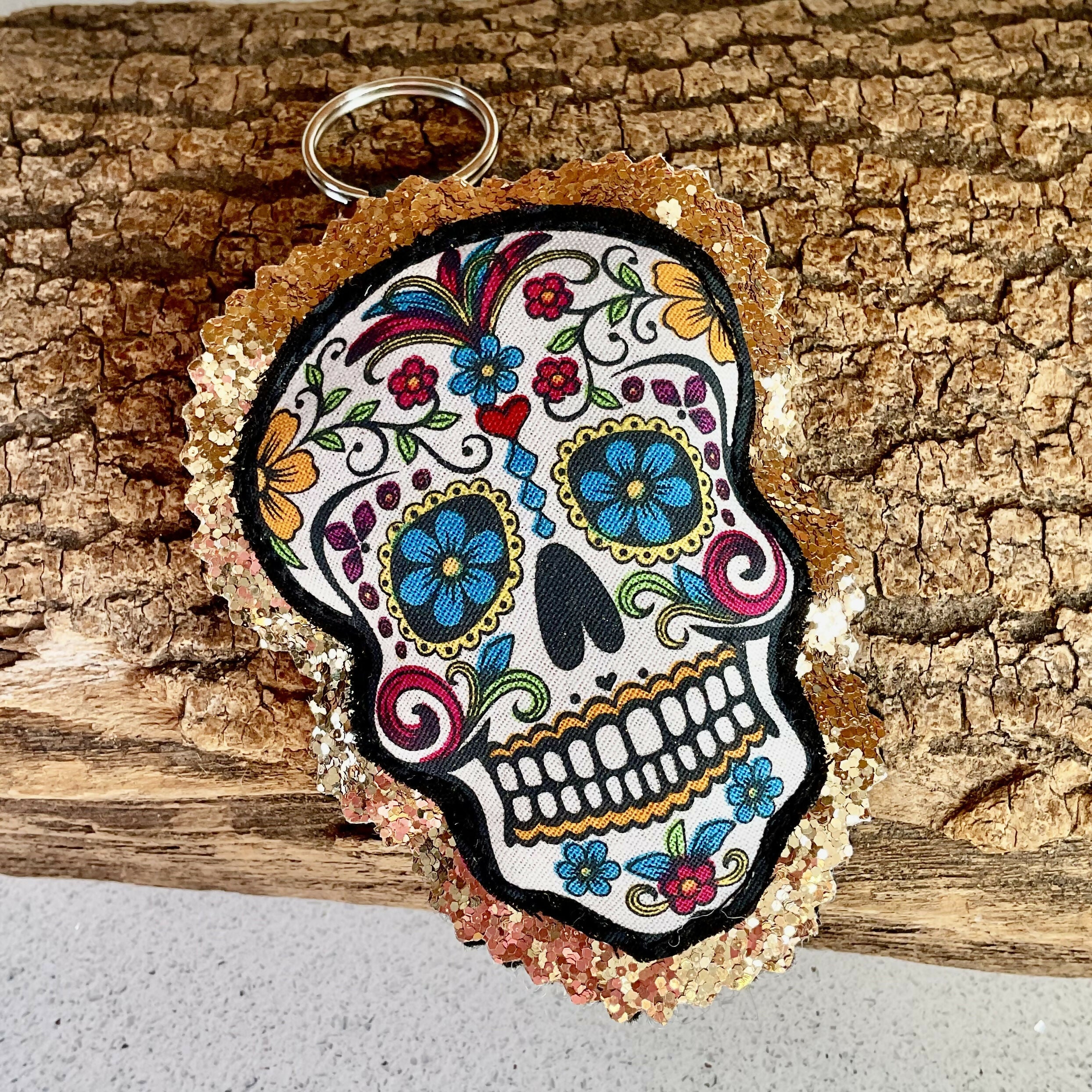 Bright Sugar Skull Keyring, Fabric Sugar Skull Key Ring With Glitter Background, Sparkly Bag Charm, Halloween Gift