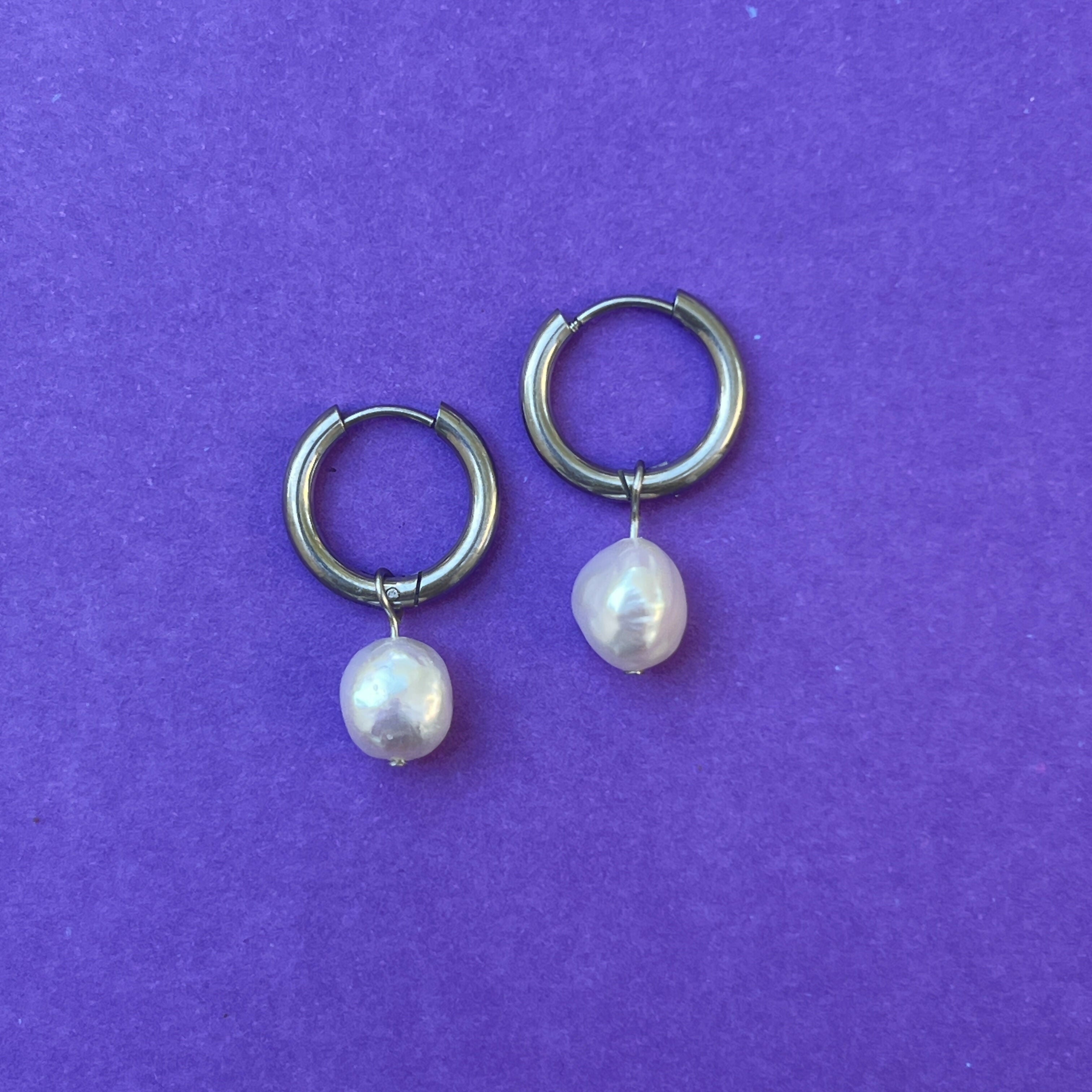 Selena Pearl Bead Silver Stainless Steel Huggie Hoop Earrings